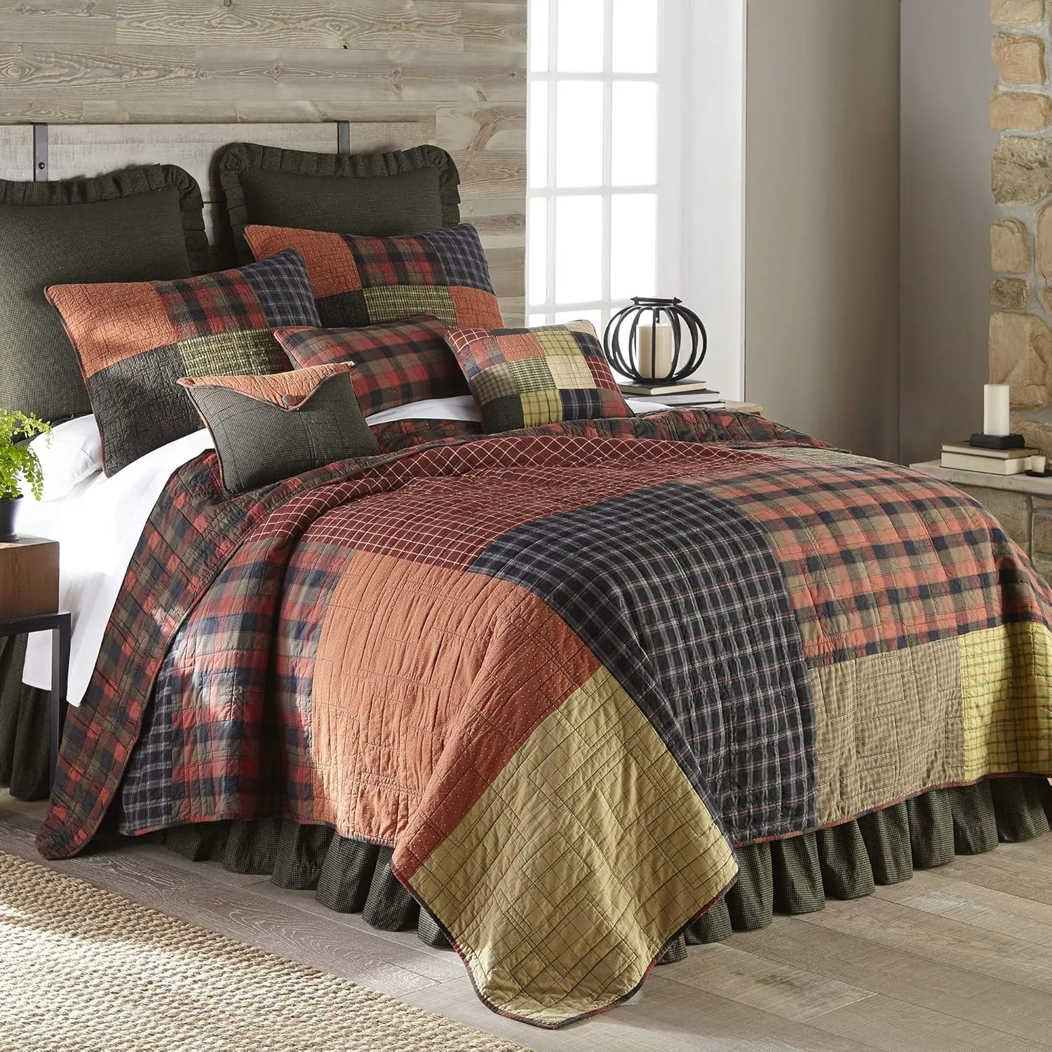 Donna Sharp King Bedding Set - 3 Piece - Woodland Square Cotton Lodge Quilt Set with King Quilt and Two King Pillow Shams - Machine Washable