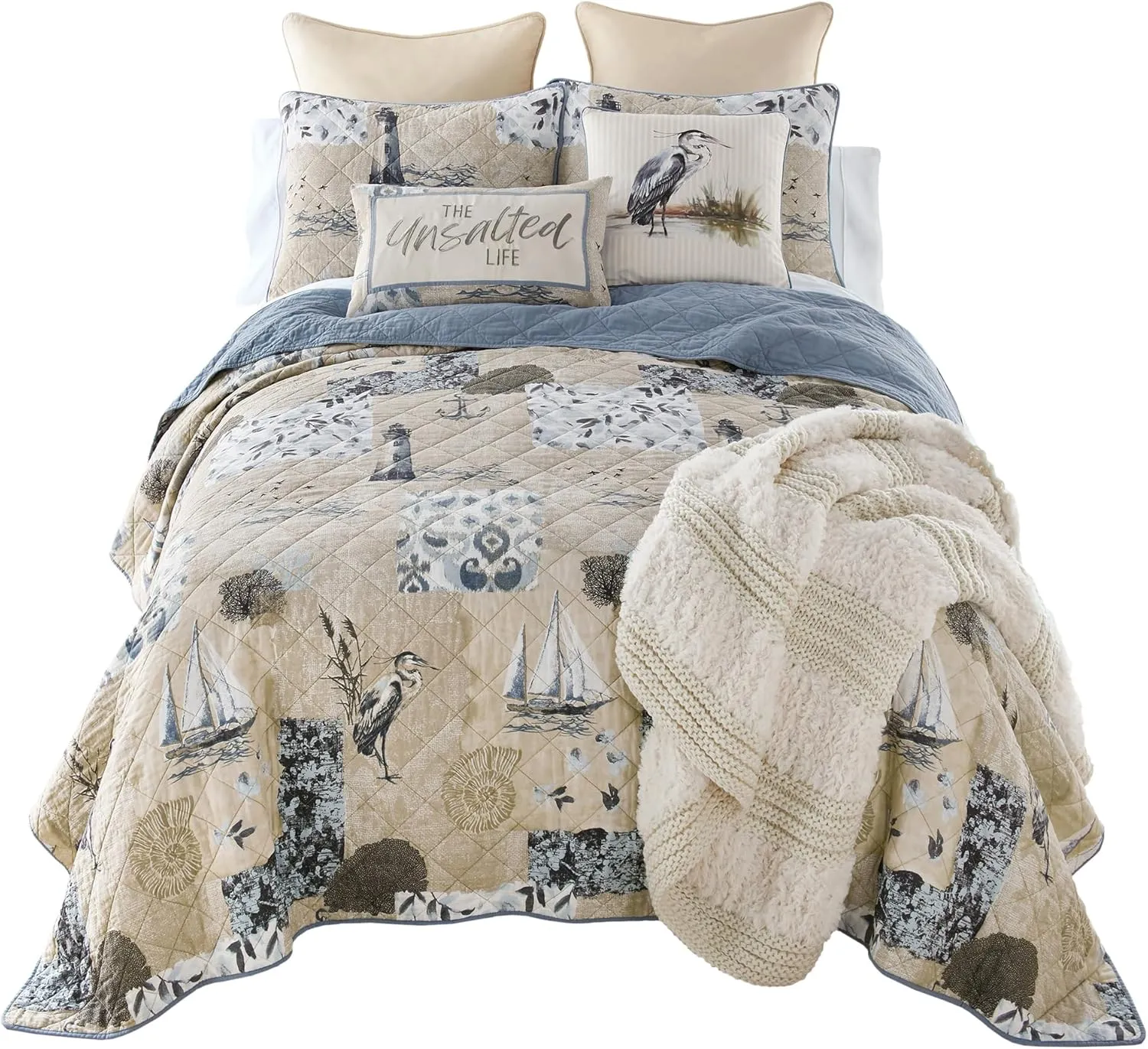 Donna Sharp Seascape Cotton Quilted Bedding Set - 3-Piece Queen Size Quilt Set - Includes 1 Quilt and 2 Standard Pillow Shams - Machine Washable - Coastal Design