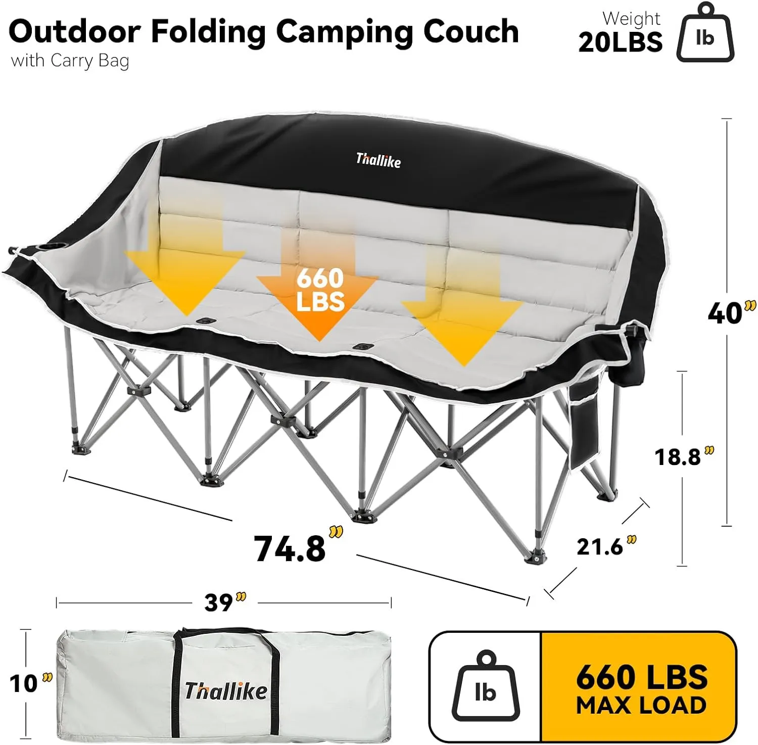Double Camping Chair – 2-3 Person Outdoor Folding Sofa with Cup & Wine Glass Holders – Oversized Loveseat Camping Couch for Campfire, RV, Backyard – Supports Up to 660 lbs
