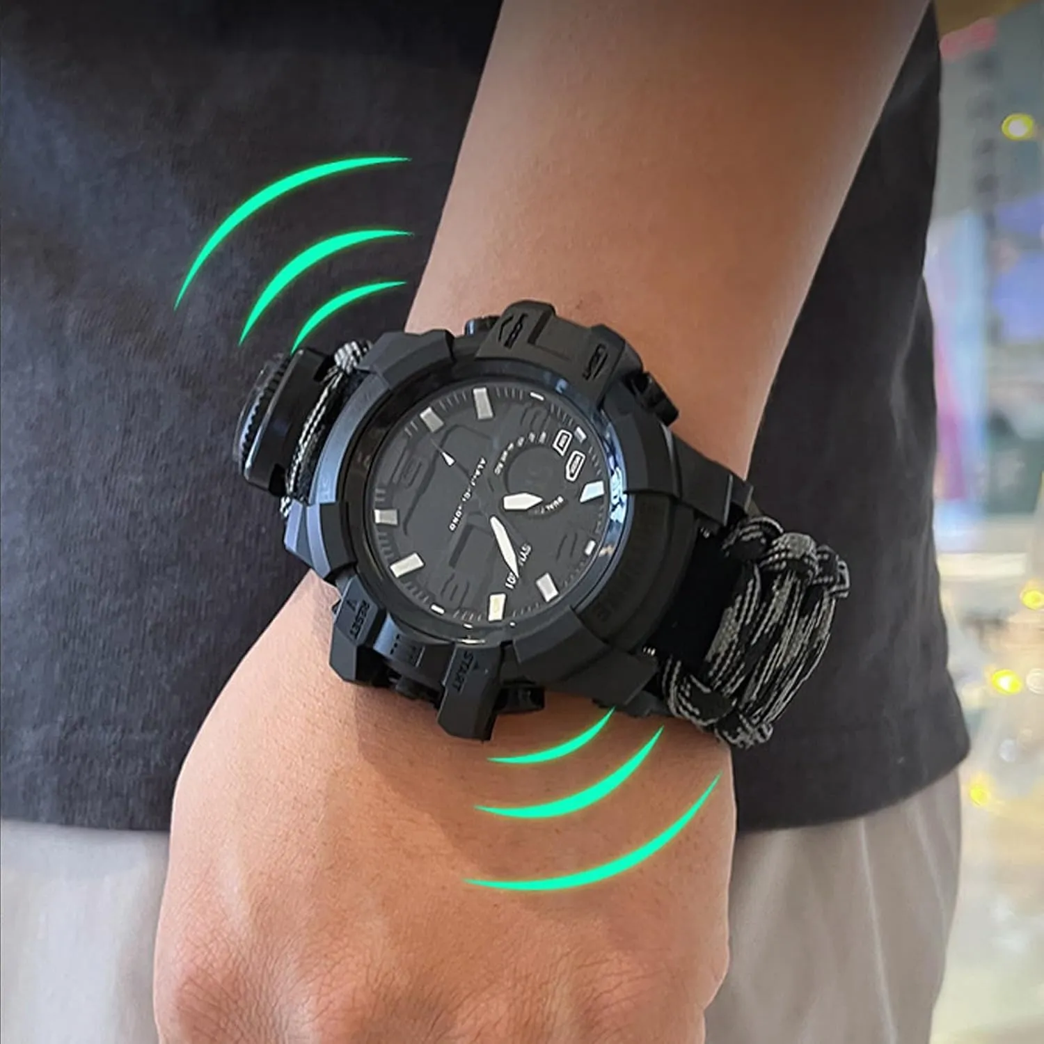 Dual Display Electronic Watch Outdoor Emergency Flint Whistle Compass Men's Watch, Tactical Mountain Watch