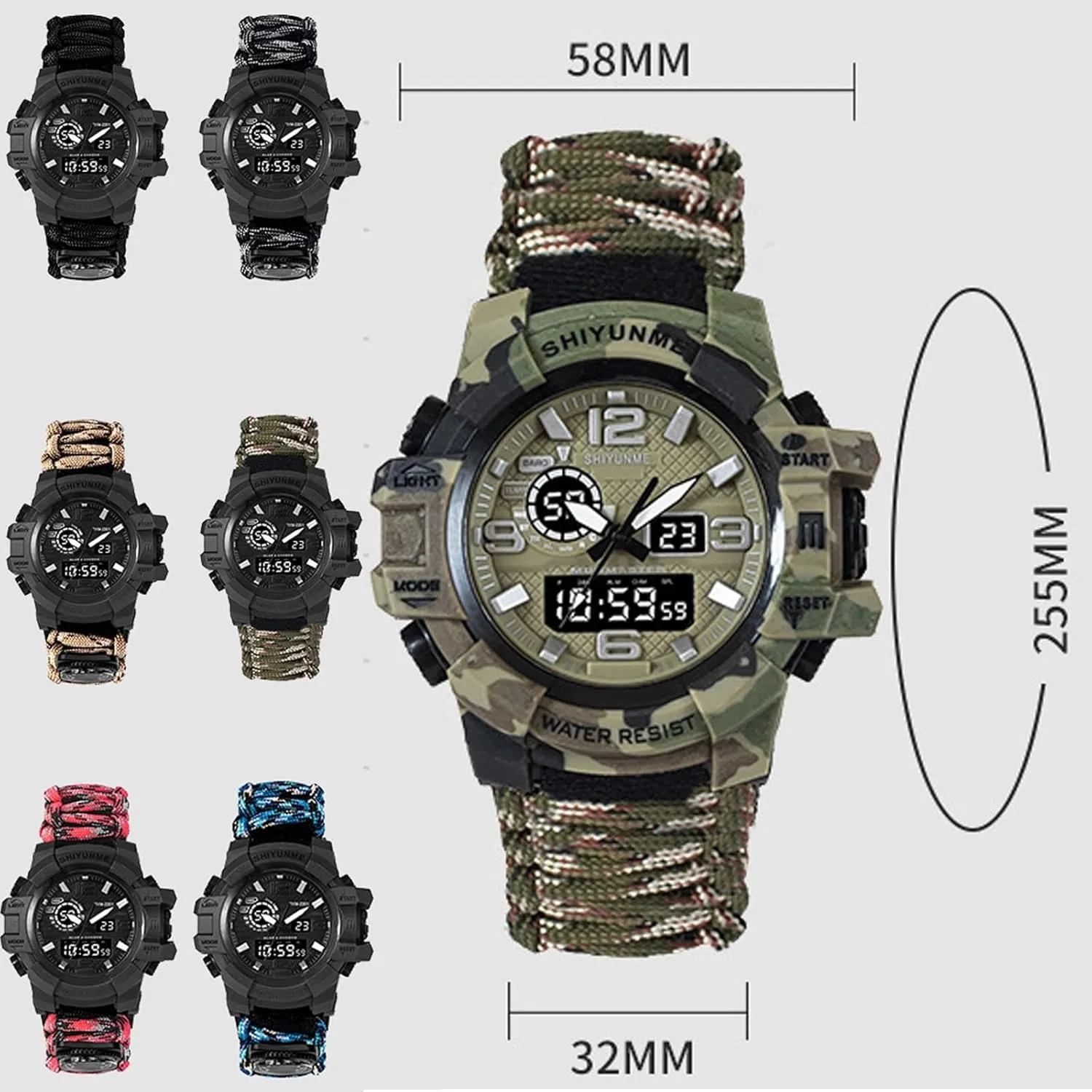 Dual Display Electronic Watch Outdoor Emergency Flint Whistle Compass Men's Watch, Tactical Mountain Watch