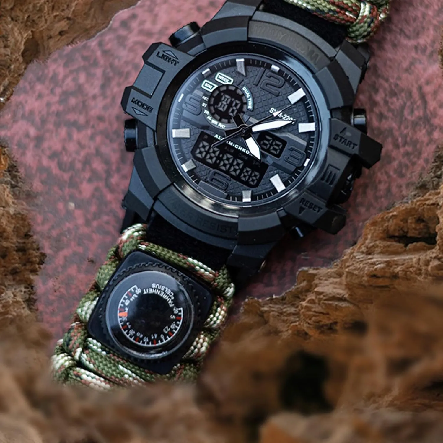 Dual Display Electronic Watch Outdoor Emergency Flint Whistle Compass Men's Watch, Tactical Mountain Watch