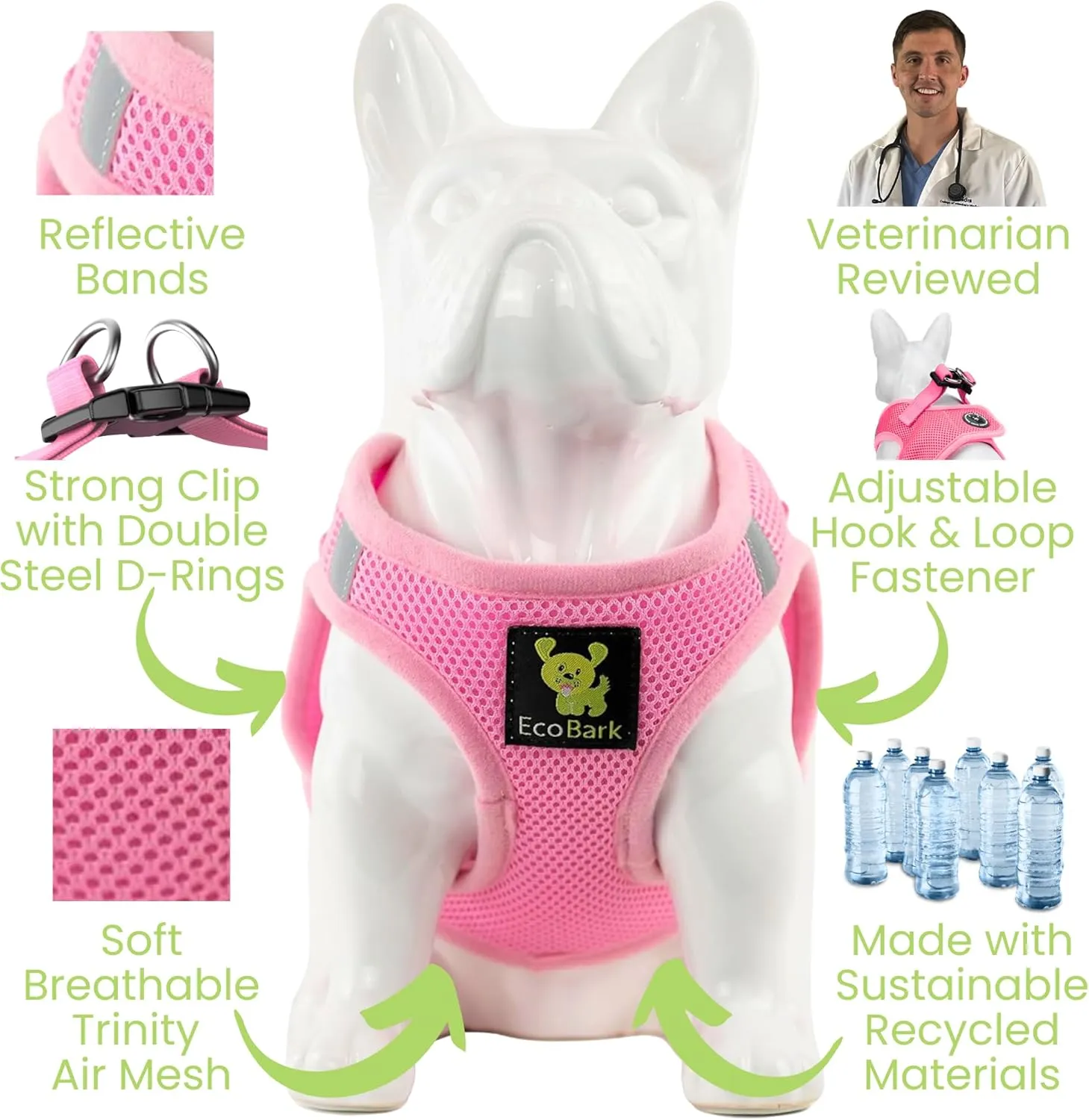 EcoBark Small Dog Harness for Toy Breed Dogs & Puppies - No Pull Soft Luxury Mesh - Step in Harness Body Halter Vest - Cute Adjustable Little Halter Body Wrap 7-10 lbs (Small, Baby Pink)