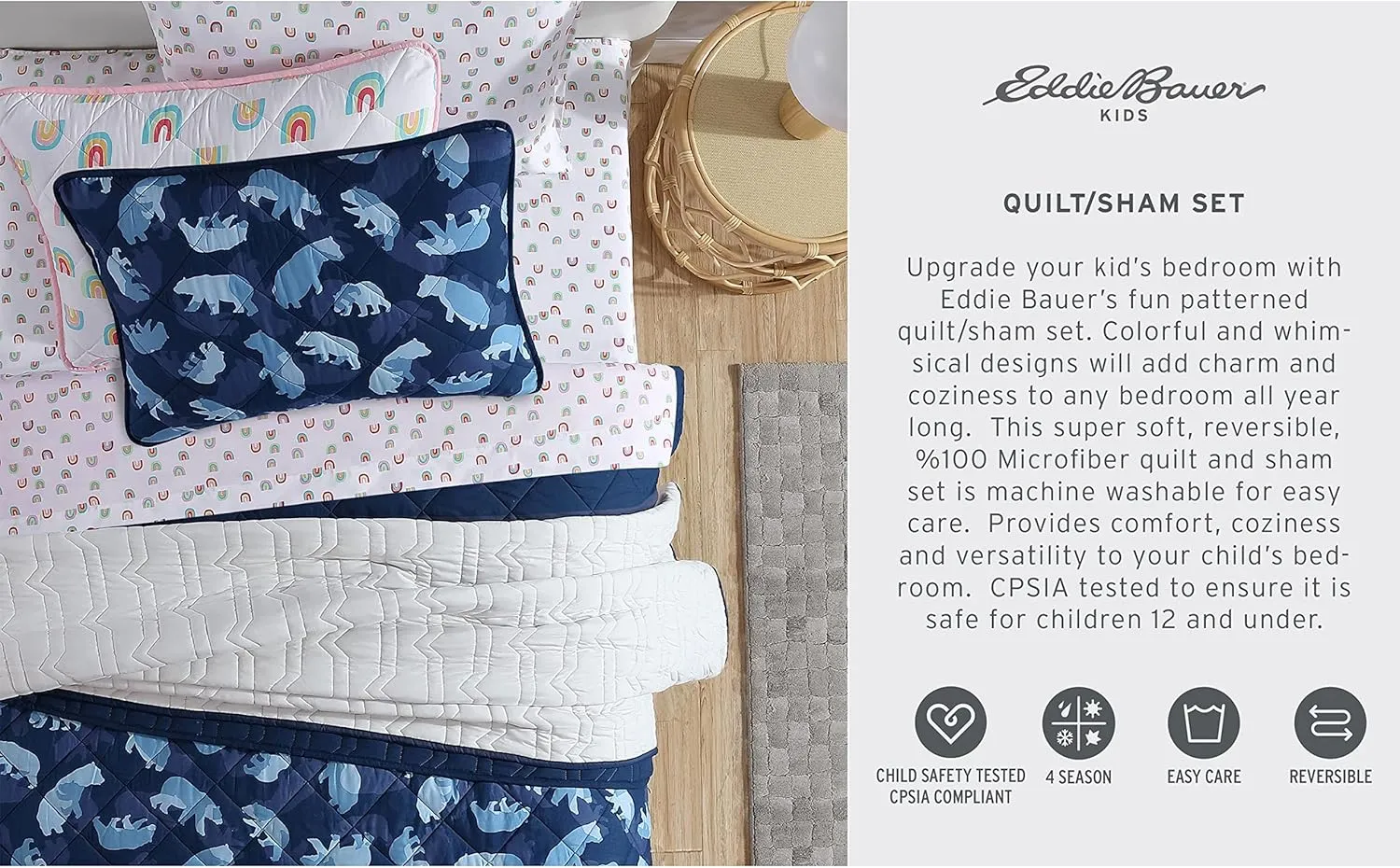 Eddie Bauer - Twin Quilt Set, Reversible Kids Bedding with Matching Sham, Ideal for Toddler Bedding Set (Camp Camo Navy, Twin)