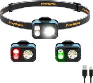 EverBrite Rechargeable LED Headlamp, Ultra-Light with Hat Clip, IP67 Waterproof, White/Red/Green Light, 7 Modes for Camping, Running and Backpacking-Blue