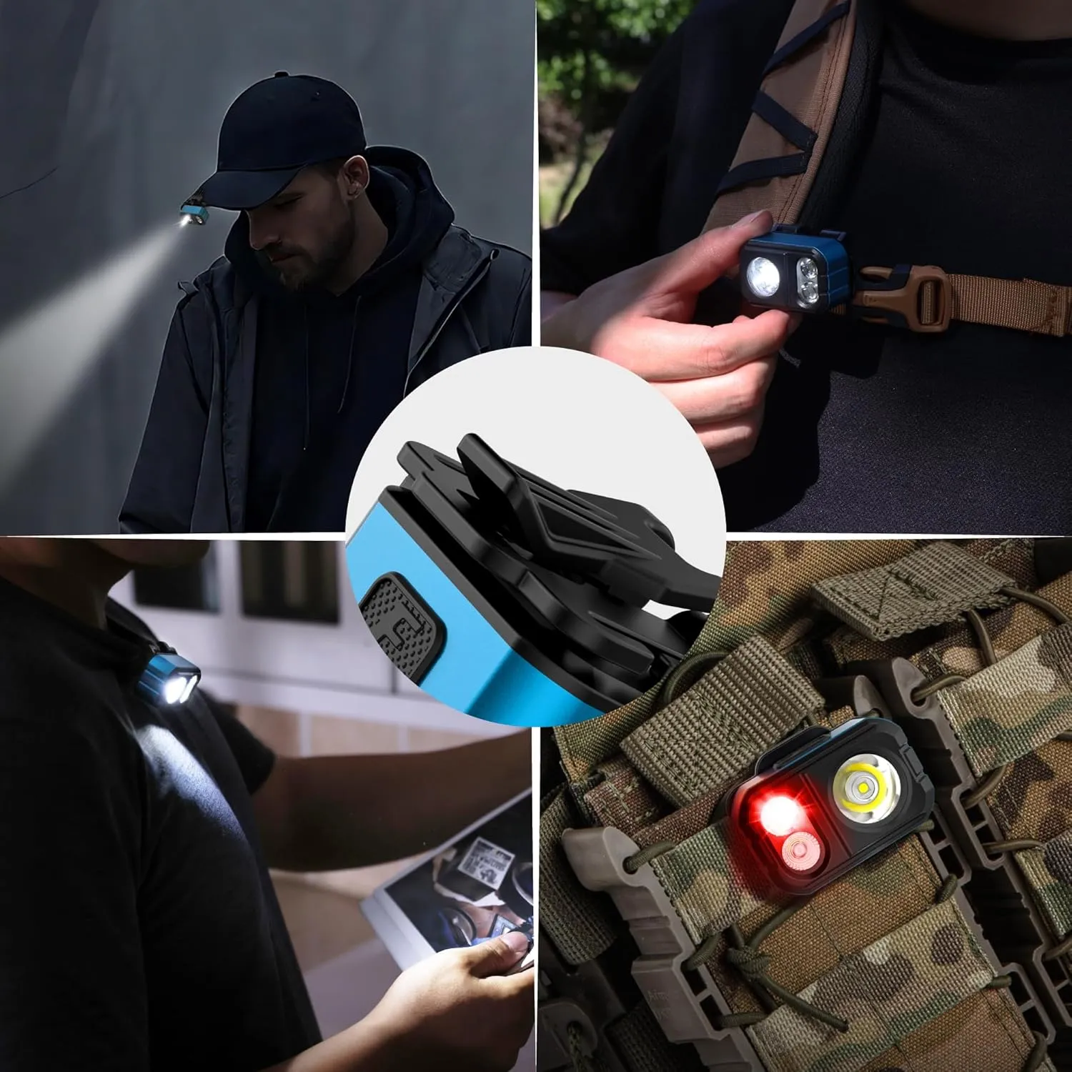 EverBrite Rechargeable LED Headlamp, Ultra-Light with Hat Clip, IP67 Waterproof, White/Red/Green Light, 7 Modes for Camping, Running and Backpacking-Blue