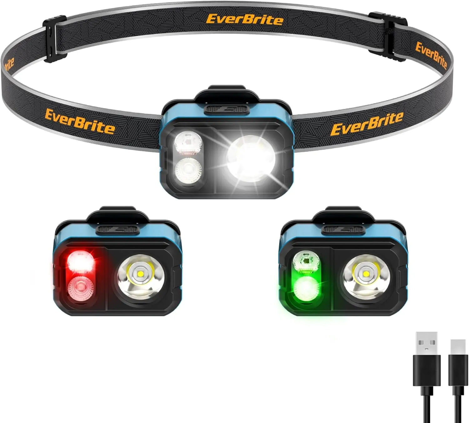 EverBrite Rechargeable LED Headlamp, Ultra-Light with Hat Clip, IP67 Waterproof, White/Red/Green Light, 7 Modes for Camping, Running and Backpacking-Blue