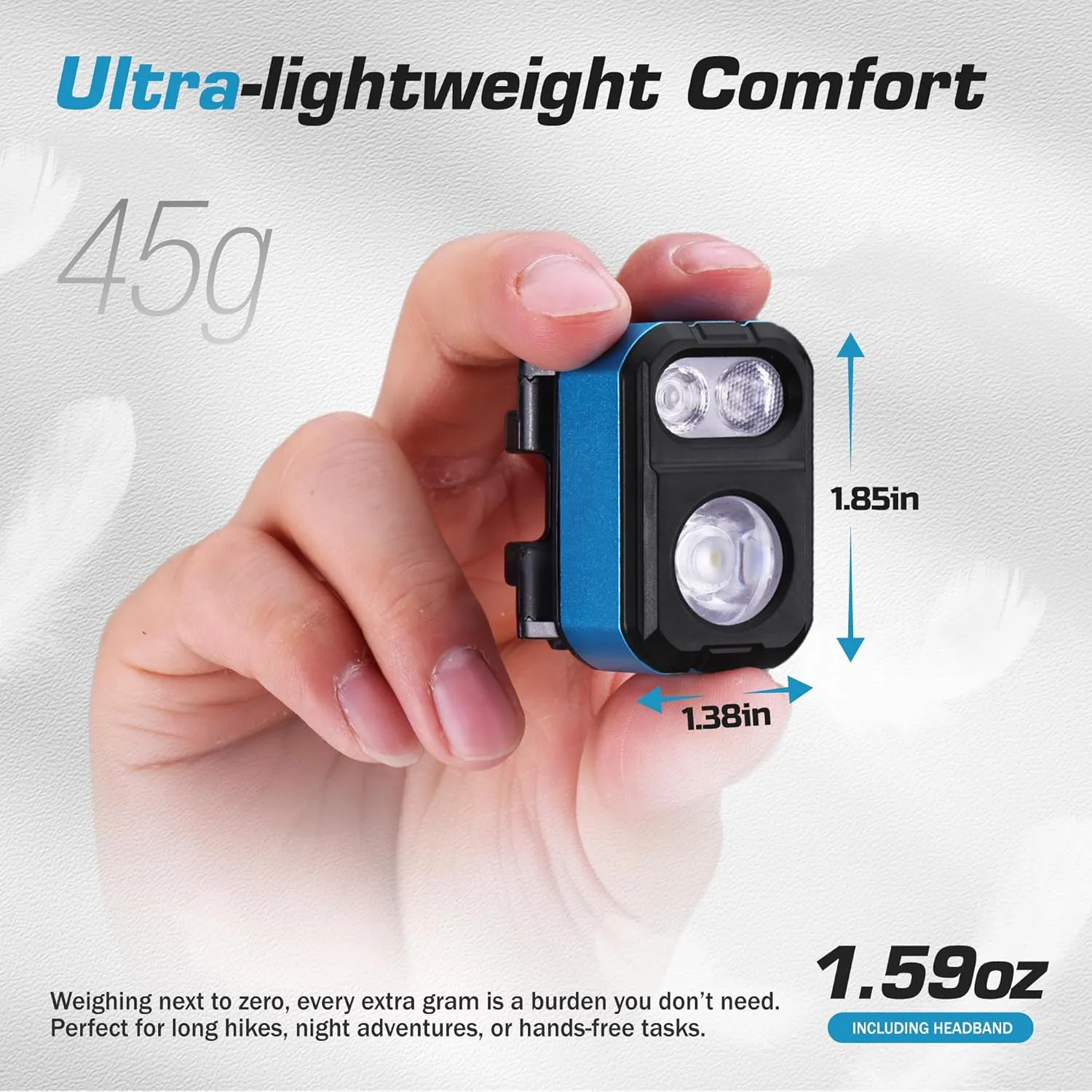 EverBrite Rechargeable LED Headlamp, Ultra-Light with Hat Clip, IP67 Waterproof, White/Red/Green Light, 7 Modes for Camping, Running and Backpacking-Blue