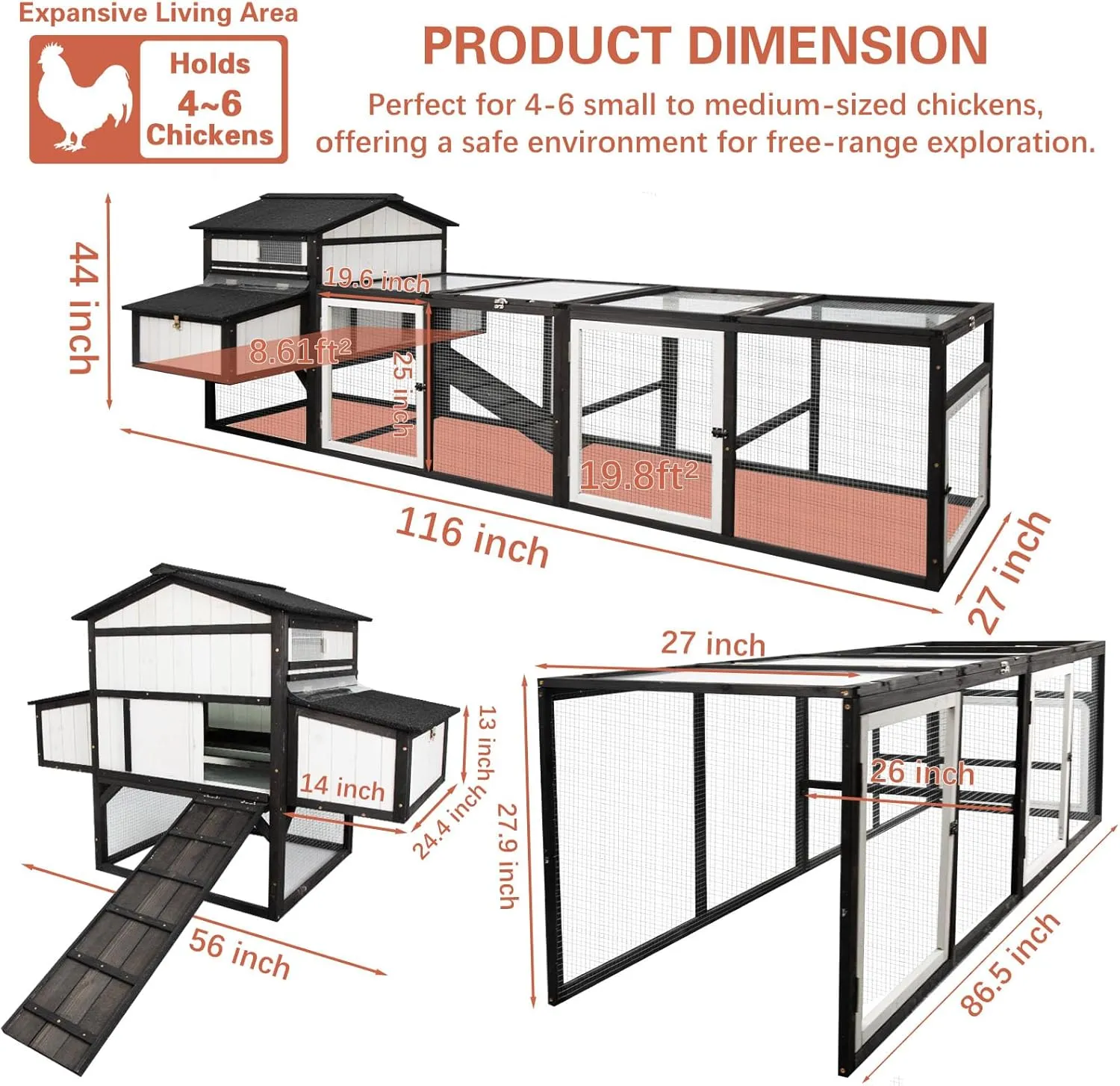 Extra Large Chicken Coop 116" L Wooden Poultry Cage with Run Hen House Outdoor Indoor Chicken Houses for 4-6 Chickens 4 Nesting Boxes, 4 Perches, Tray, Combinable, Gift for Chicken Lovers