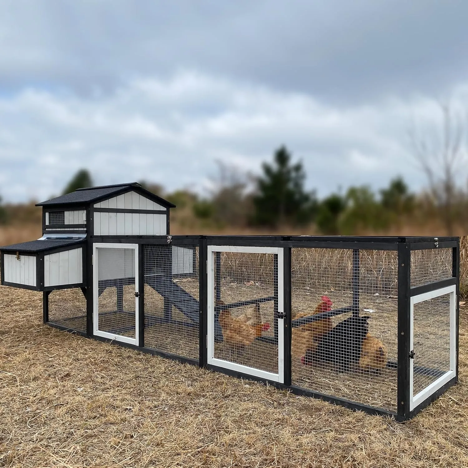 Extra Large Chicken Coop 116" L Wooden Poultry Cage with Run Hen House Outdoor Indoor Chicken Houses for 4-6 Chickens 4 Nesting Boxes, 4 Perches, Tray, Combinable, Gift for Chicken Lovers