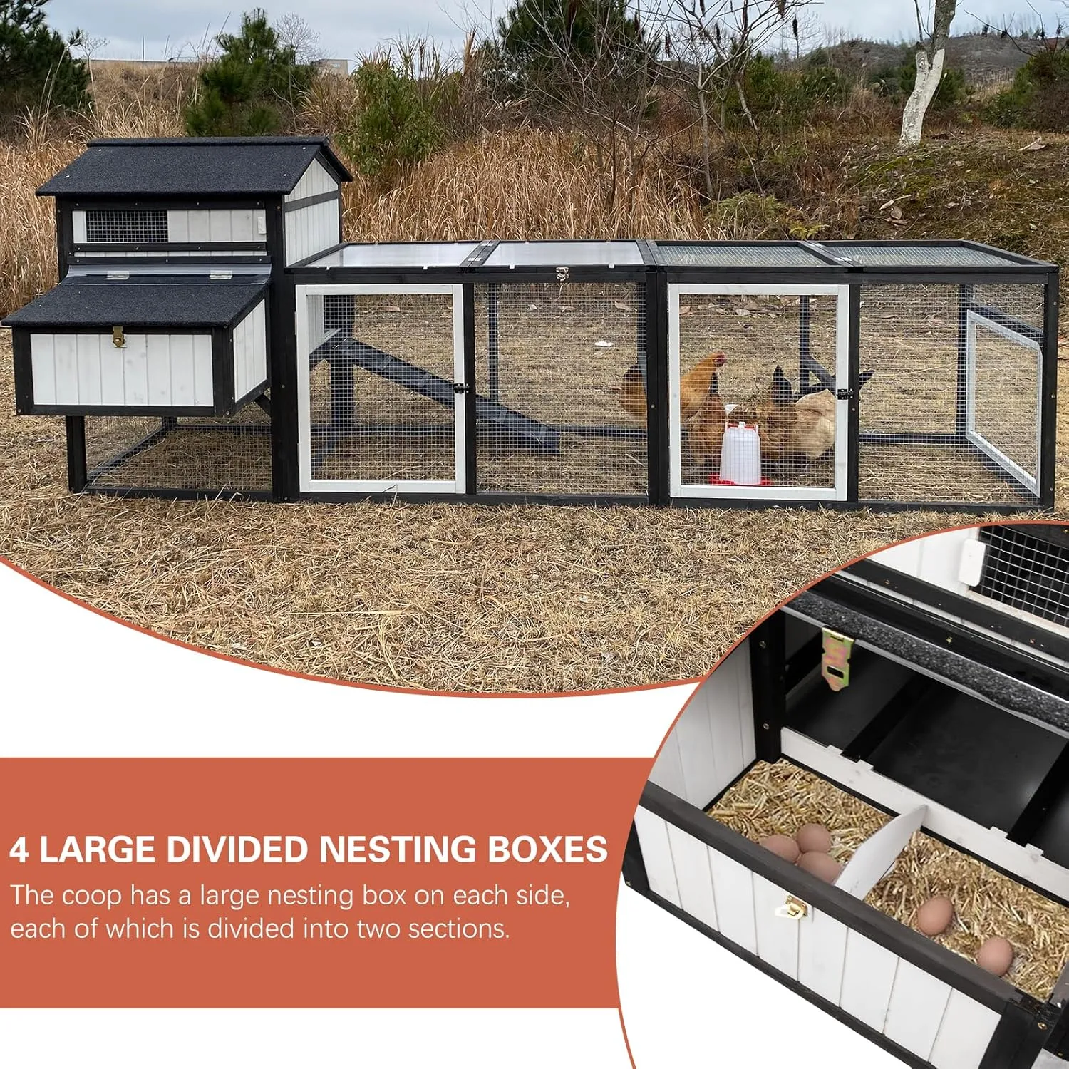 Extra Large Chicken Coop 116" L Wooden Poultry Cage with Run Hen House Outdoor Indoor Chicken Houses for 4-6 Chickens 4 Nesting Boxes, 4 Perches, Tray, Combinable, Gift for Chicken Lovers