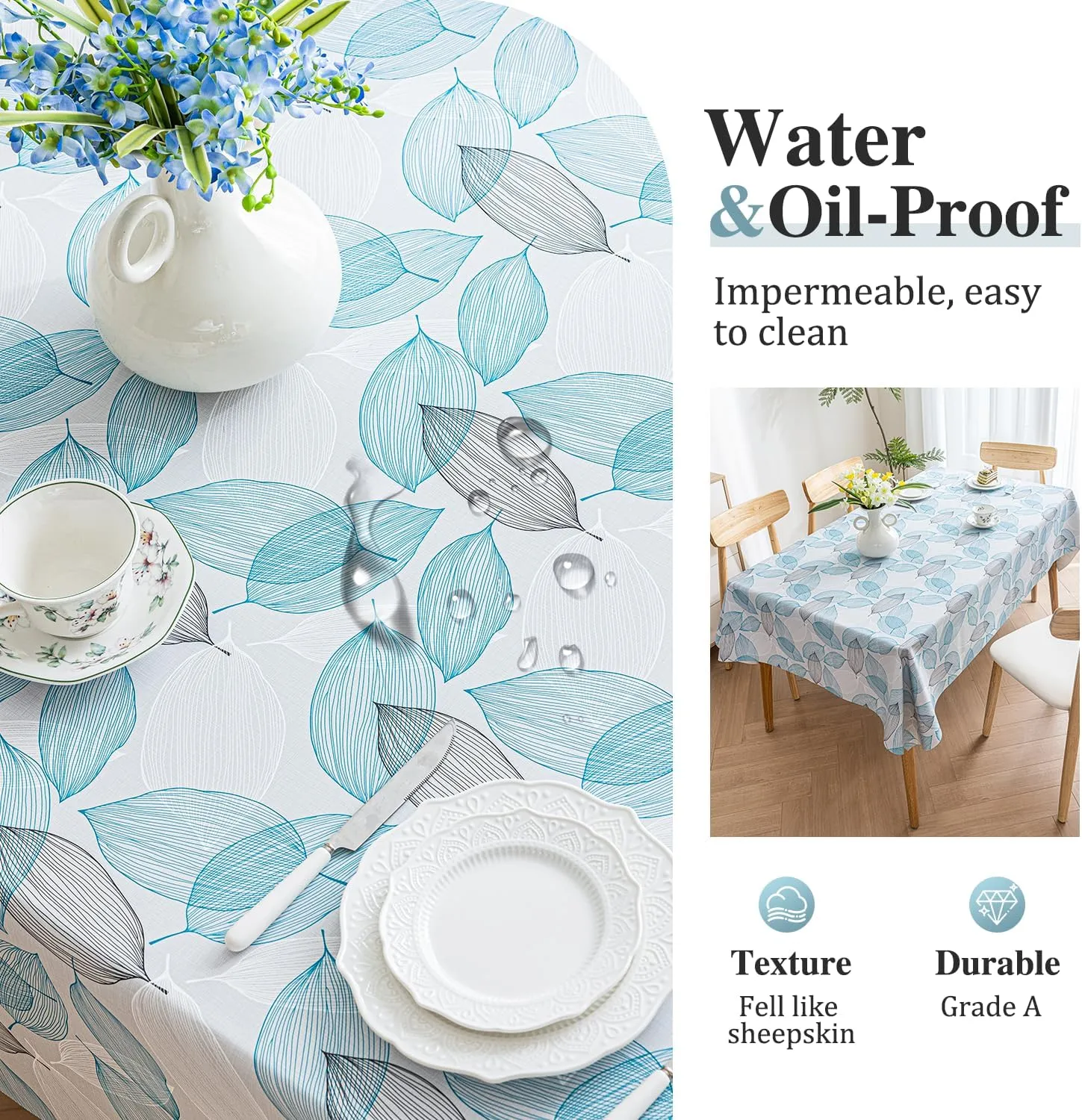 Faux Leather Rectangle Table Cloths Warm Tablecloth for Party, Camping, Picnic, Kitchen and Dining Room Table Decor (Blue Leaves, 71"X55")