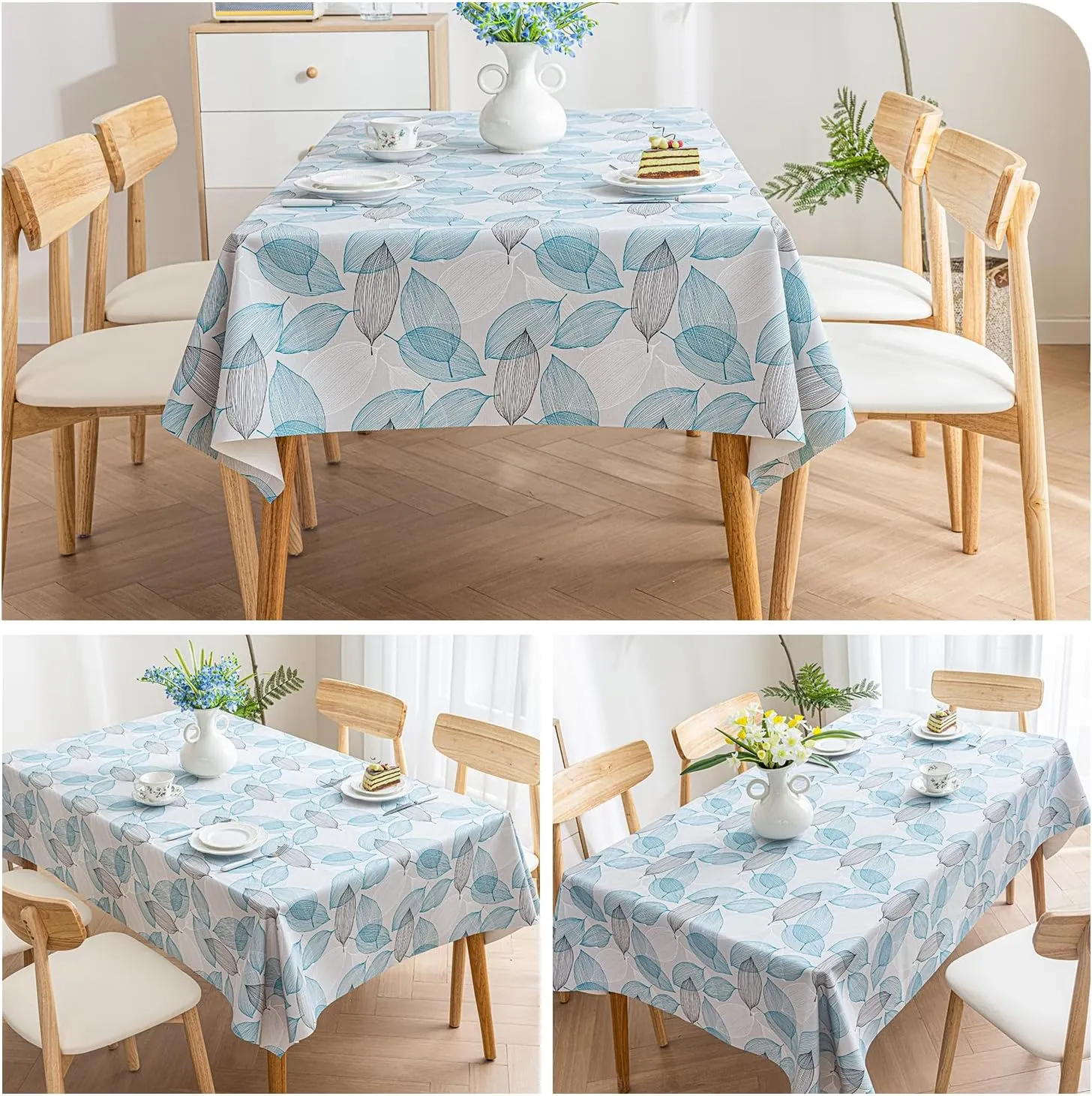 Faux Leather Rectangle Table Cloths Warm Tablecloth for Party, Camping, Picnic, Kitchen and Dining Room Table Decor (Blue Leaves, 71"X55")
