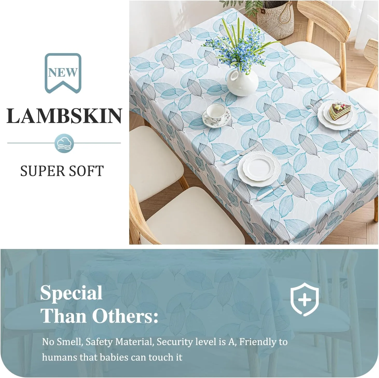 Faux Leather Rectangle Table Cloths Warm Tablecloth for Party, Camping, Picnic, Kitchen and Dining Room Table Decor (Blue Leaves, 71"X55")
