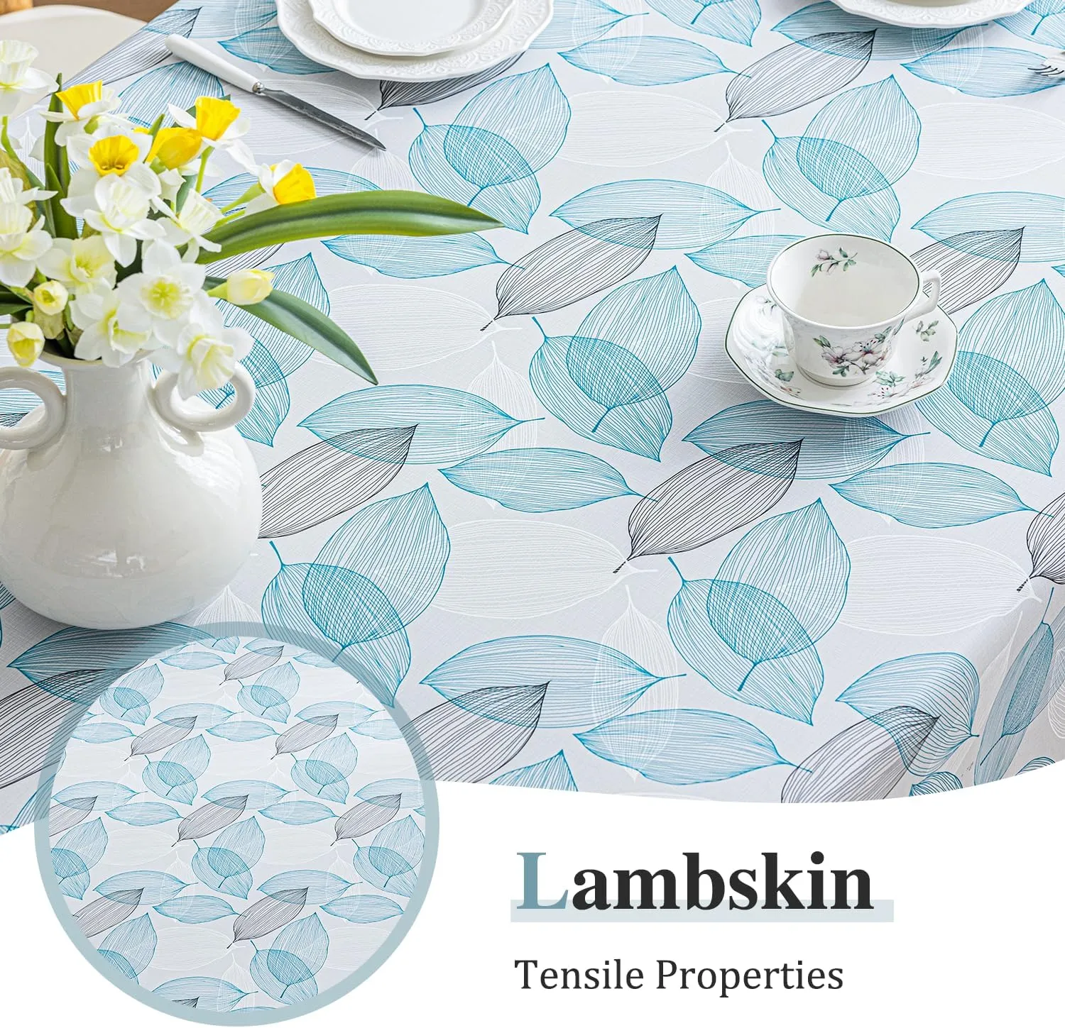 Faux Leather Rectangle Table Cloths Warm Tablecloth for Party, Camping, Picnic, Kitchen and Dining Room Table Decor (Blue Leaves, 71"X55")