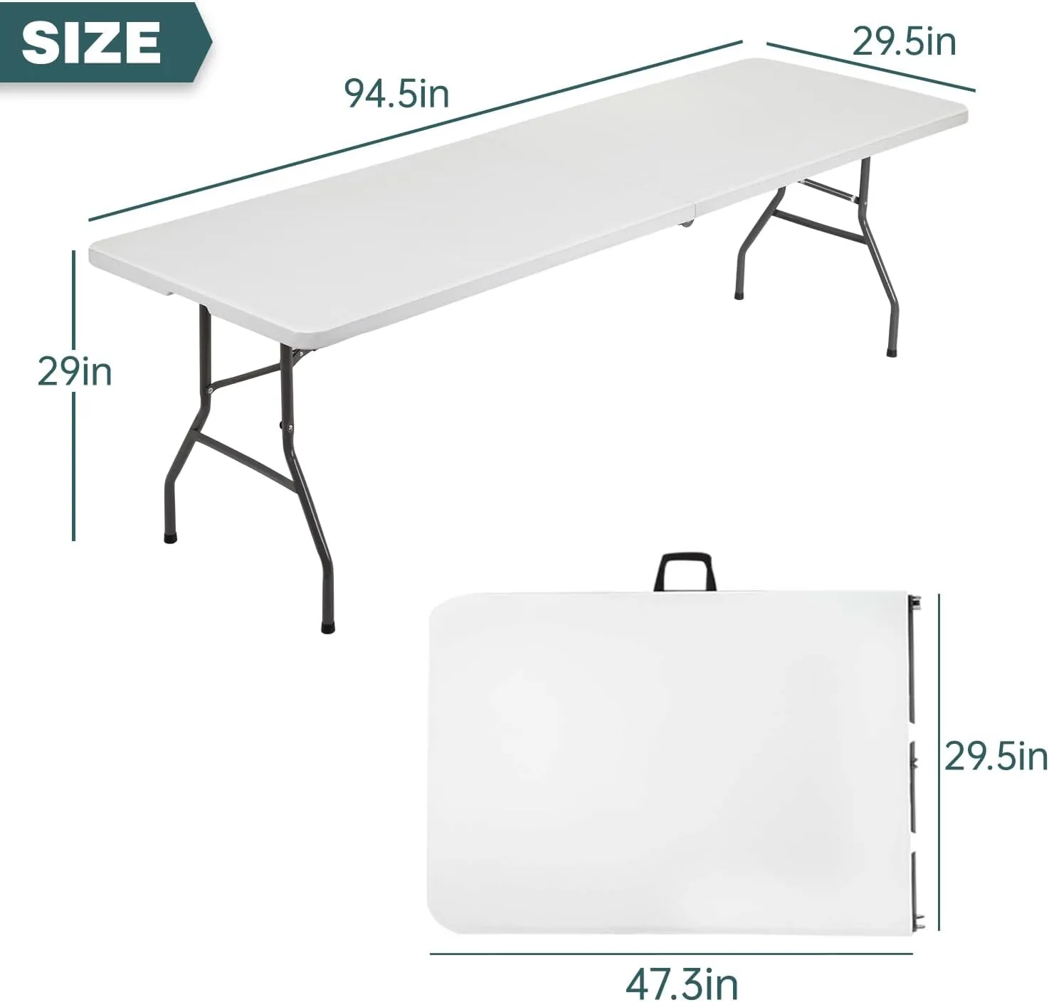 FDW 8 Foot Outdoor Dining Table, Foldable Portable Rectangular Plastic Folding Table with Built in Carrying Handle for Party and Wedding Use, White