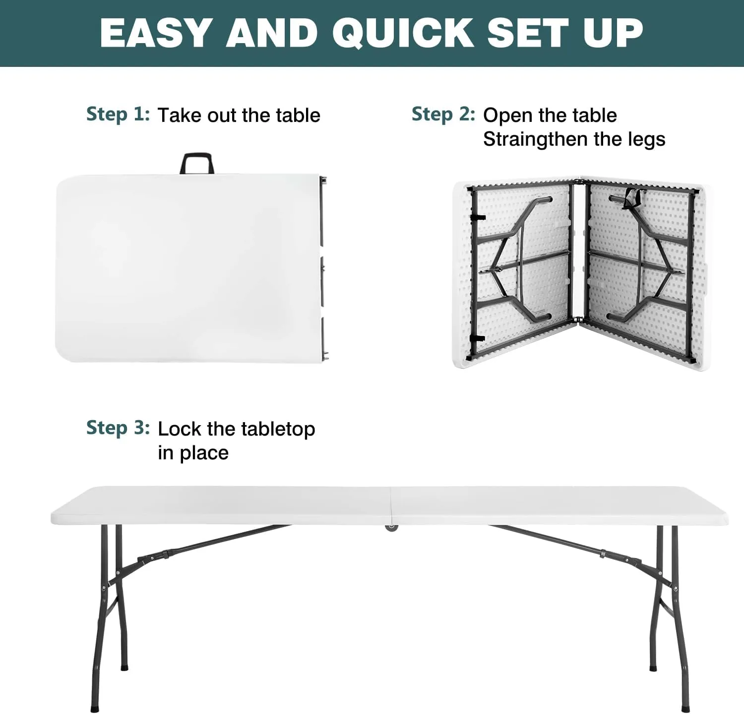 FDW 8 Foot Outdoor Dining Table, Foldable Portable Rectangular Plastic Folding Table with Built in Carrying Handle for Party and Wedding Use, White