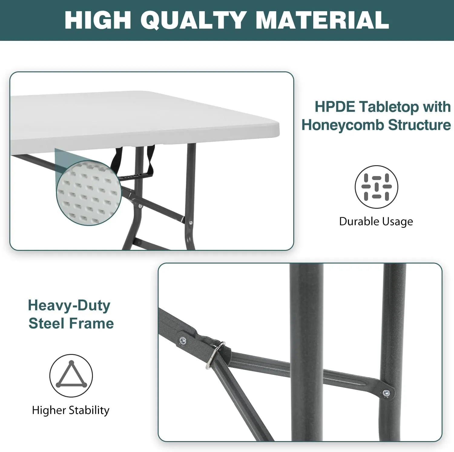 FDW 8 Foot Outdoor Dining Table, Foldable Portable Rectangular Plastic Folding Table with Built in Carrying Handle for Party and Wedding Use, White