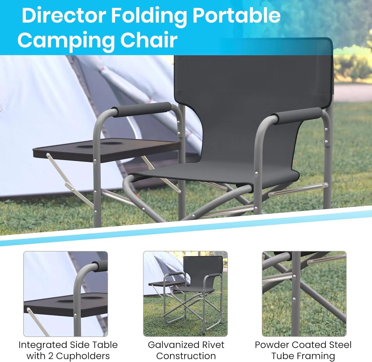 Flash Furniture Benjamin Folding Directors Camping Chair - Portable Gray Sports Chair with Cupholder Side Table - Indoor/Outdoor Steel Tube Framed Foldable Chair