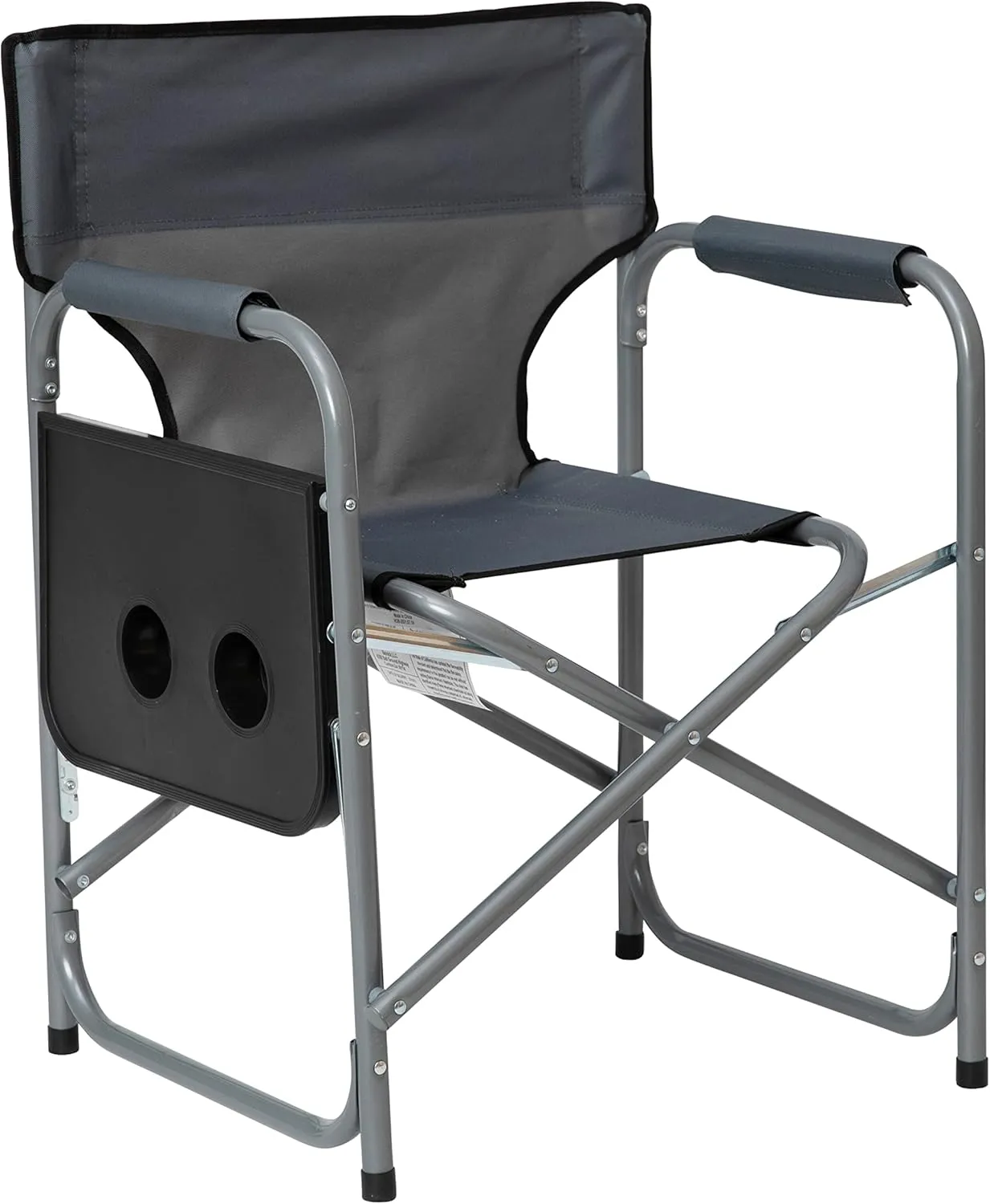 Flash Furniture Benjamin Folding Directors Camping Chair - Portable Gray Sports Chair with Cupholder Side Table - Indoor/Outdoor Steel Tube Framed Foldable Chair