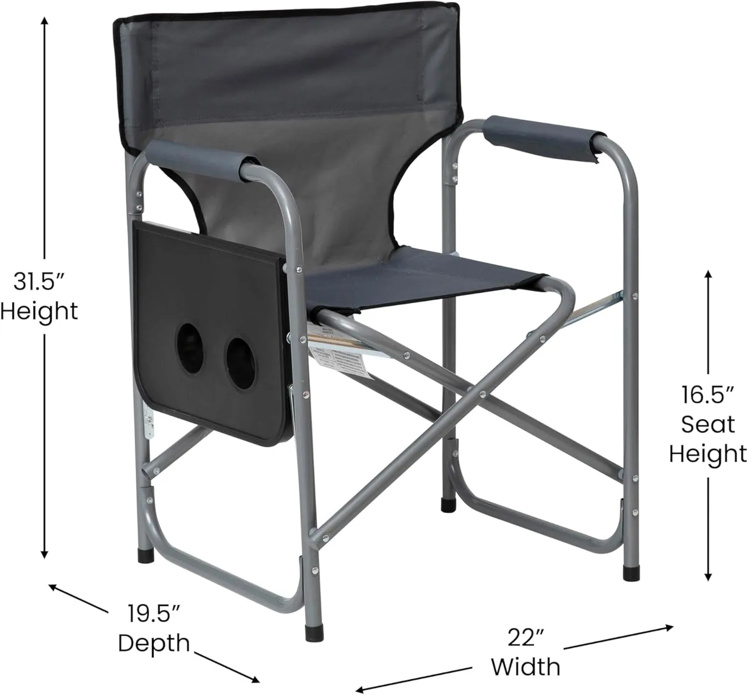 Flash Furniture Benjamin Folding Directors Camping Chair - Portable Gray Sports Chair with Cupholder Side Table - Indoor/Outdoor Steel Tube Framed Foldable Chair