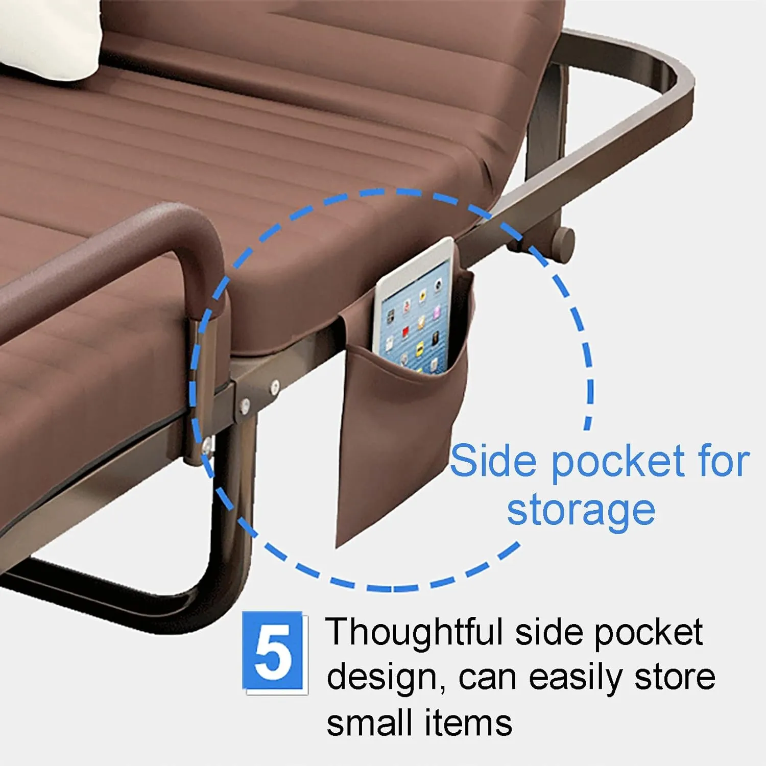 Folding Camp Bed for Adults, Foldable Bed with 6 Adjustable Positions, Heavy Duty Sleeping Cots with Roller Wheels, Armrests and Side Storage Pockets, Fold Up Bed for Travel Outdoor Home Office(White,