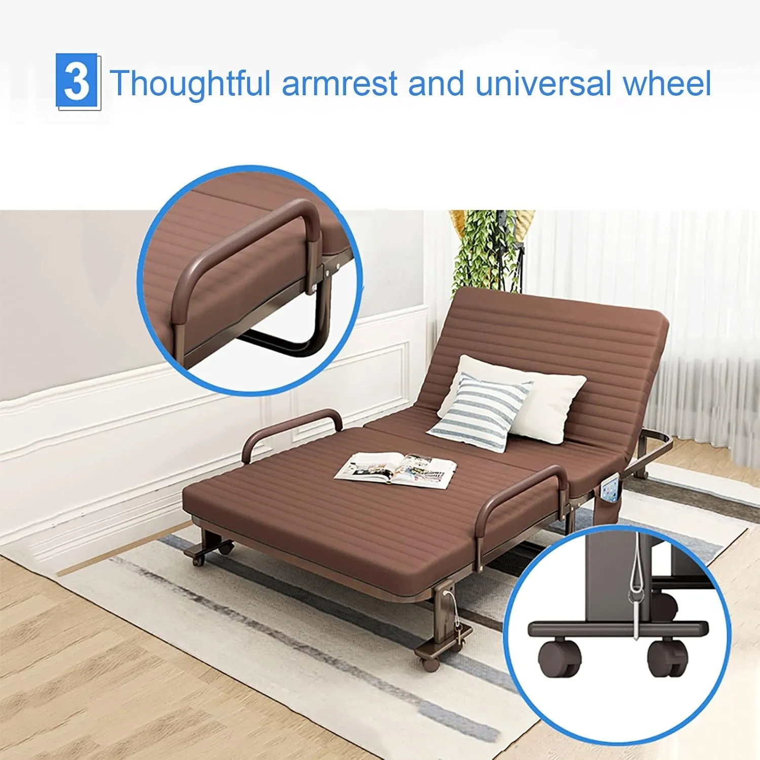 Folding Camp Bed for Adults, Foldable Bed with 6 Adjustable Positions, Heavy Duty Sleeping Cots with Roller Wheels, Armrests and Side Storage Pockets, Fold Up Bed for Travel Outdoor Home Office(White,