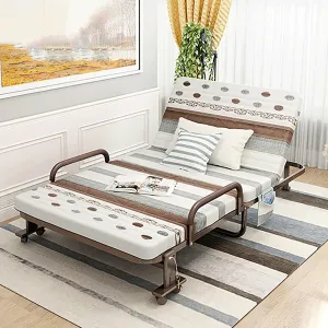 Folding Camp Bed for Adults, Foldable Bed with 6 Adjustable Positions, Heavy Duty Sleeping Cots with Roller Wheels, Armrests and Side Storage Pockets, Fold Up Bed for Travel Outdoor Home Office(White,