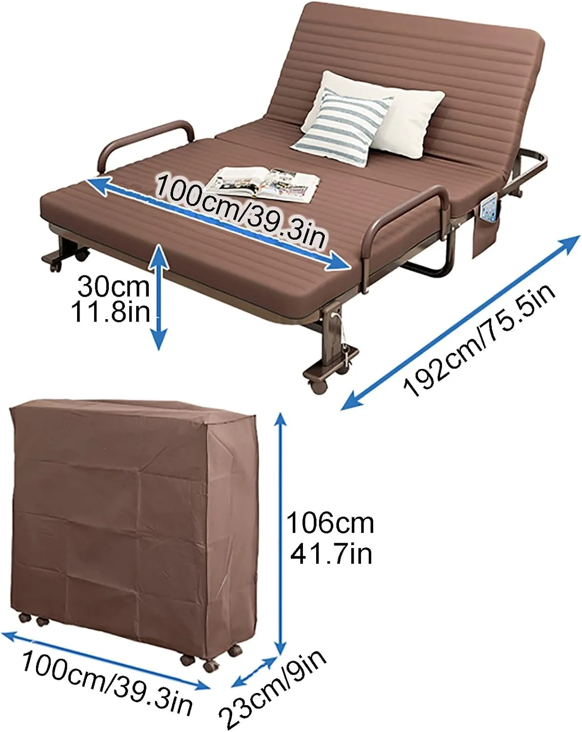 Folding Camp Bed for Adults, Foldable Bed with 6 Adjustable Positions, Heavy Duty Sleeping Cots with Roller Wheels, Armrests and Side Storage Pockets, Fold Up Bed for Travel Outdoor Home Office(White,