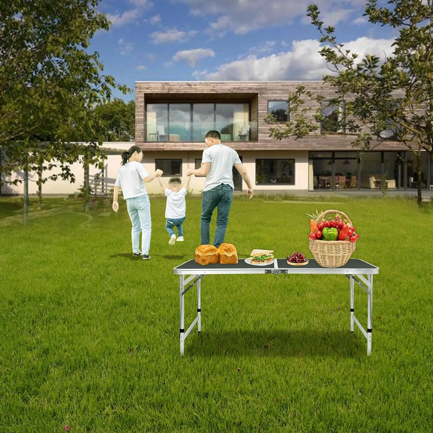 Folding Camping Table 4 Ft Foldable Picnic Table Portable 3 Height Adjustable Aluminum Camp Table Outdoor for Card BBQ Black 47.2×23.6 inch