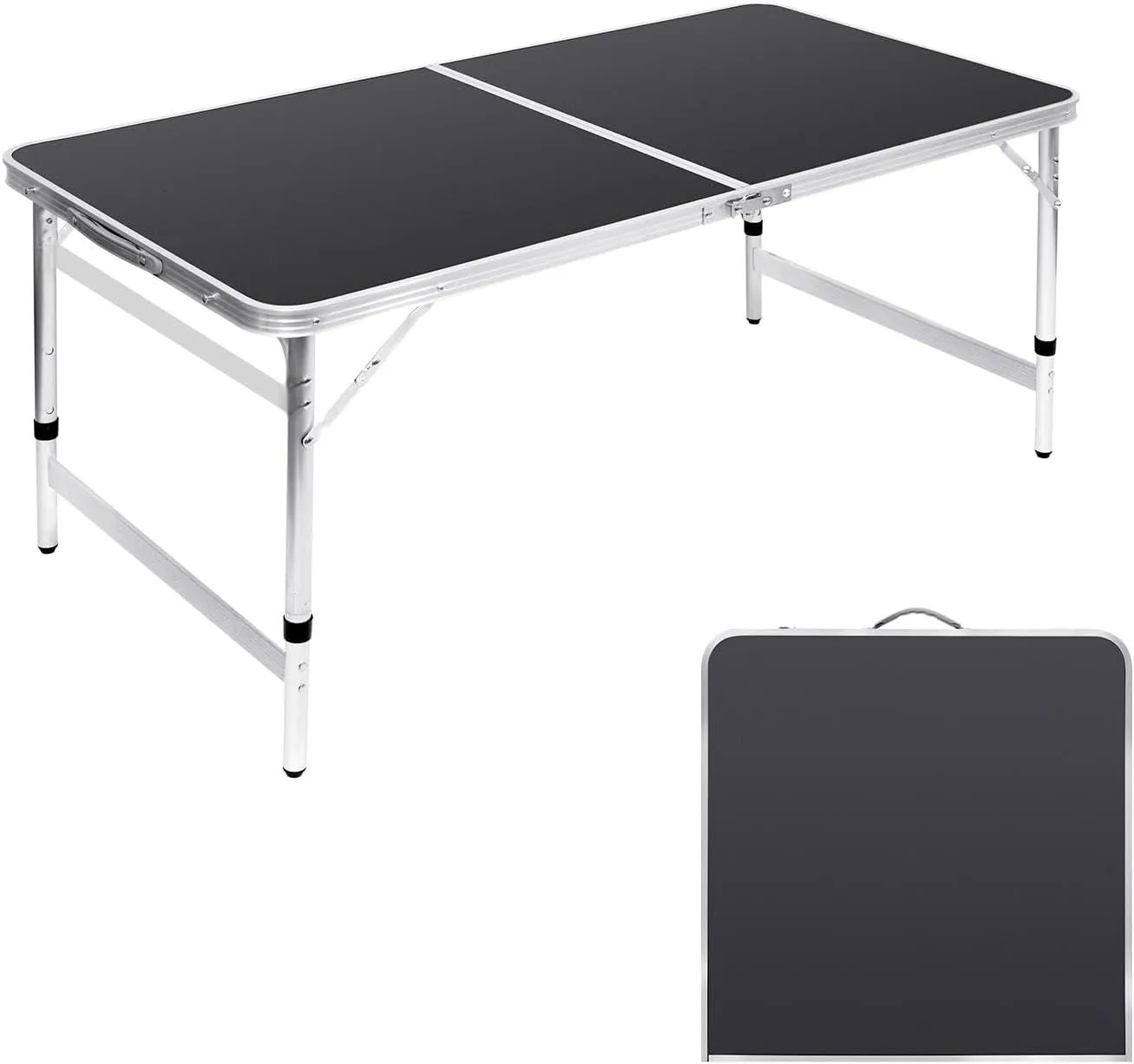 Folding Camping Table 4 Ft Foldable Picnic Table Portable 3 Height Adjustable Aluminum Camp Table Outdoor for Card BBQ Black 47.2×23.6 inch
