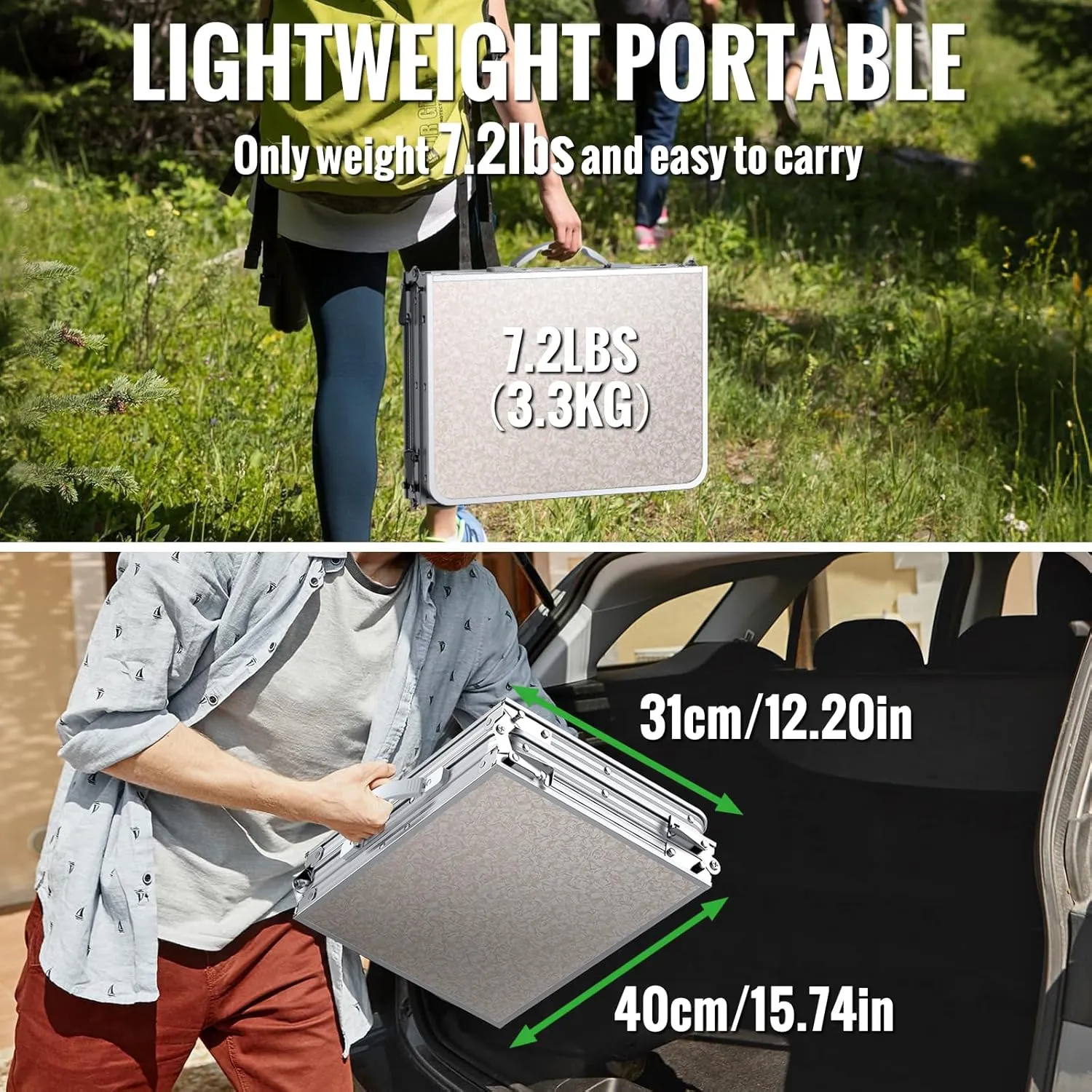 Folding Table for Camping, 3-Adjustable Height Lightweight Folding Picnic Table with Storage Bag, Portable Aluminum Outdoor Table for Outside, Camping, BBQ, 34.2" L x 15.7" W