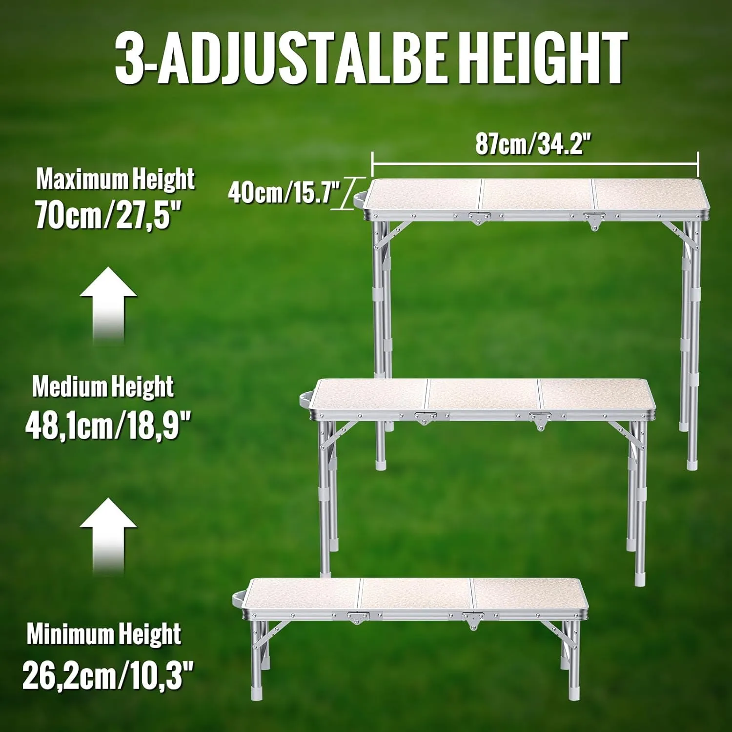 Folding Table for Camping, 3-Adjustable Height Lightweight Folding Picnic Table with Storage Bag, Portable Aluminum Outdoor Table for Outside, Camping, BBQ, 34.2" L x 15.7" W