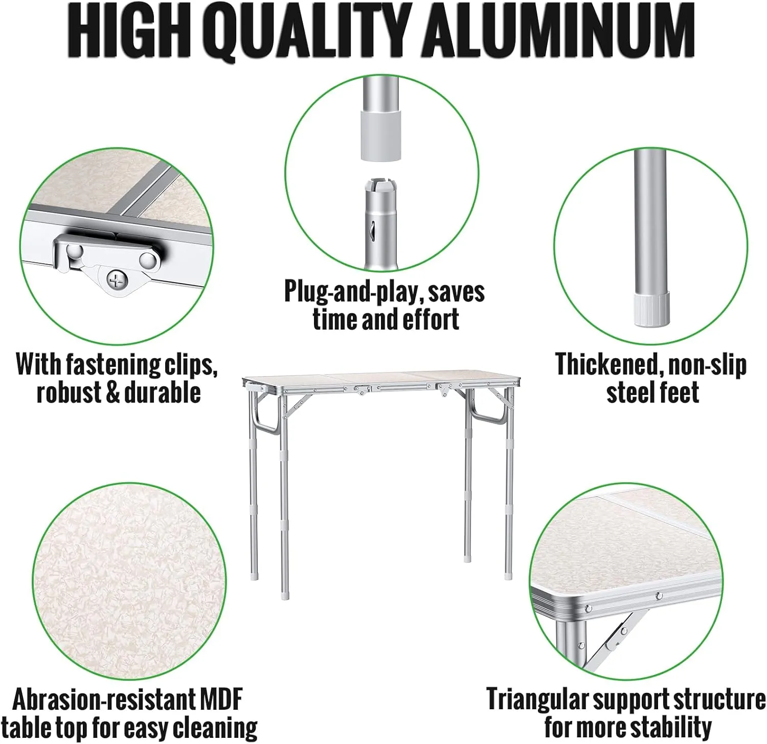Folding Table for Camping, 3-Adjustable Height Lightweight Folding Picnic Table with Storage Bag, Portable Aluminum Outdoor Table for Outside, Camping, BBQ, 34.2" L x 15.7" W