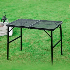 Folding Table for Outdoor Use – Height Adjustable Aluminium Alloy Table (42cm-66cm) with Hexagonal Tube & Triangular Supports, Waterproof Mesh Top and Removable Storage for BBQ & Events Black