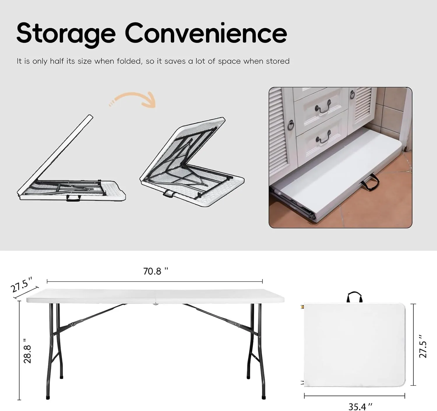 Folding Table HDPE 6FT Foldable Table Portable Banquet Surface Fold-in-Half Desk Utility for Working Meeting Parties, Picnic, Camping, Weddings, Catering, Garden Dining-White