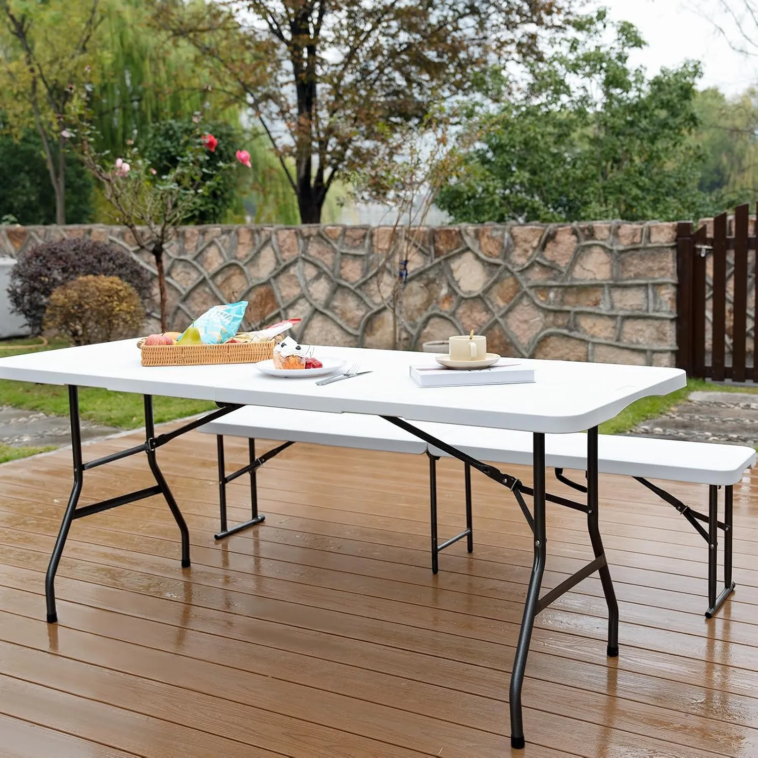 Folding Table HDPE 6FT Foldable Table Portable Banquet Surface Fold-in-Half Desk Utility for Working Meeting Parties, Picnic, Camping, Weddings, Catering, Garden Dining-White