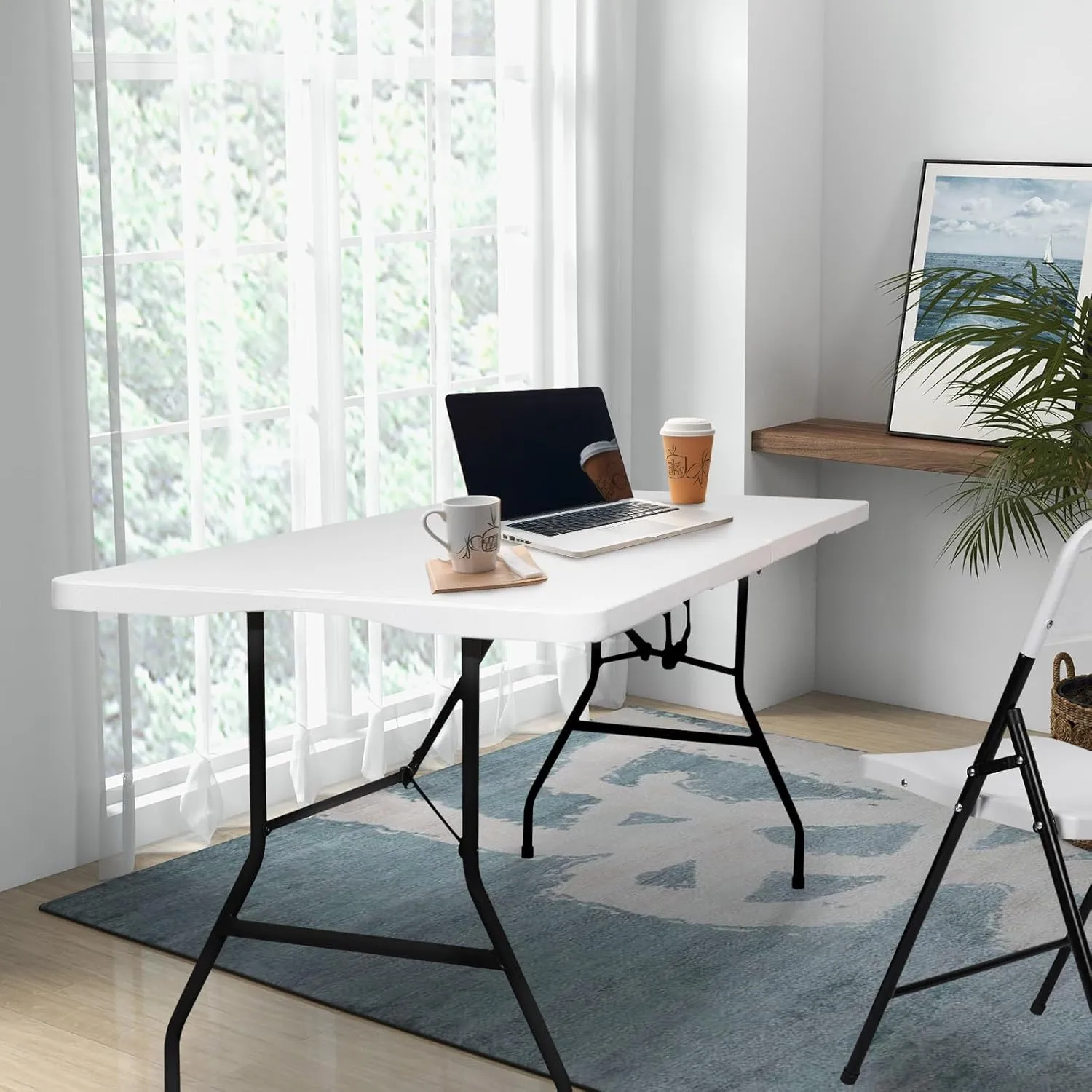 Folding Table HDPE 6FT Foldable Table Portable Banquet Surface Fold-in-Half Desk Utility for Working Meeting Parties, Picnic, Camping, Weddings, Catering, Garden Dining-White