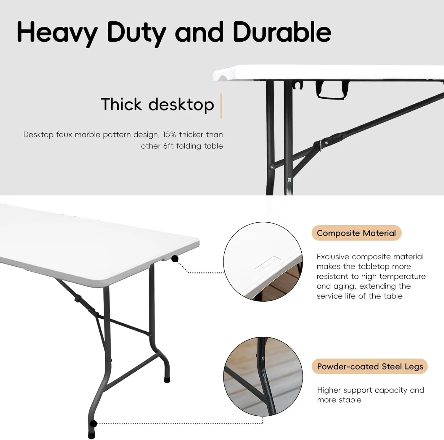 Folding Table HDPE 6FT Foldable Table Portable Banquet Surface Fold-in-Half Desk Utility for Working Meeting Parties, Picnic, Camping, Weddings, Catering, Garden Dining-White