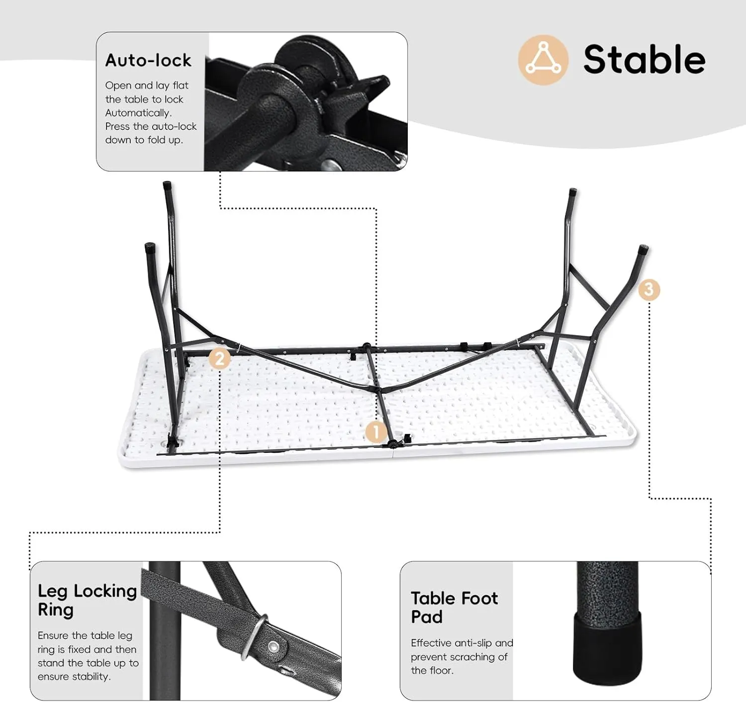 Folding Table HDPE 6FT Foldable Table Portable Banquet Surface Fold-in-Half Desk Utility for Working Meeting Parties, Picnic, Camping, Weddings, Catering, Garden Dining-White