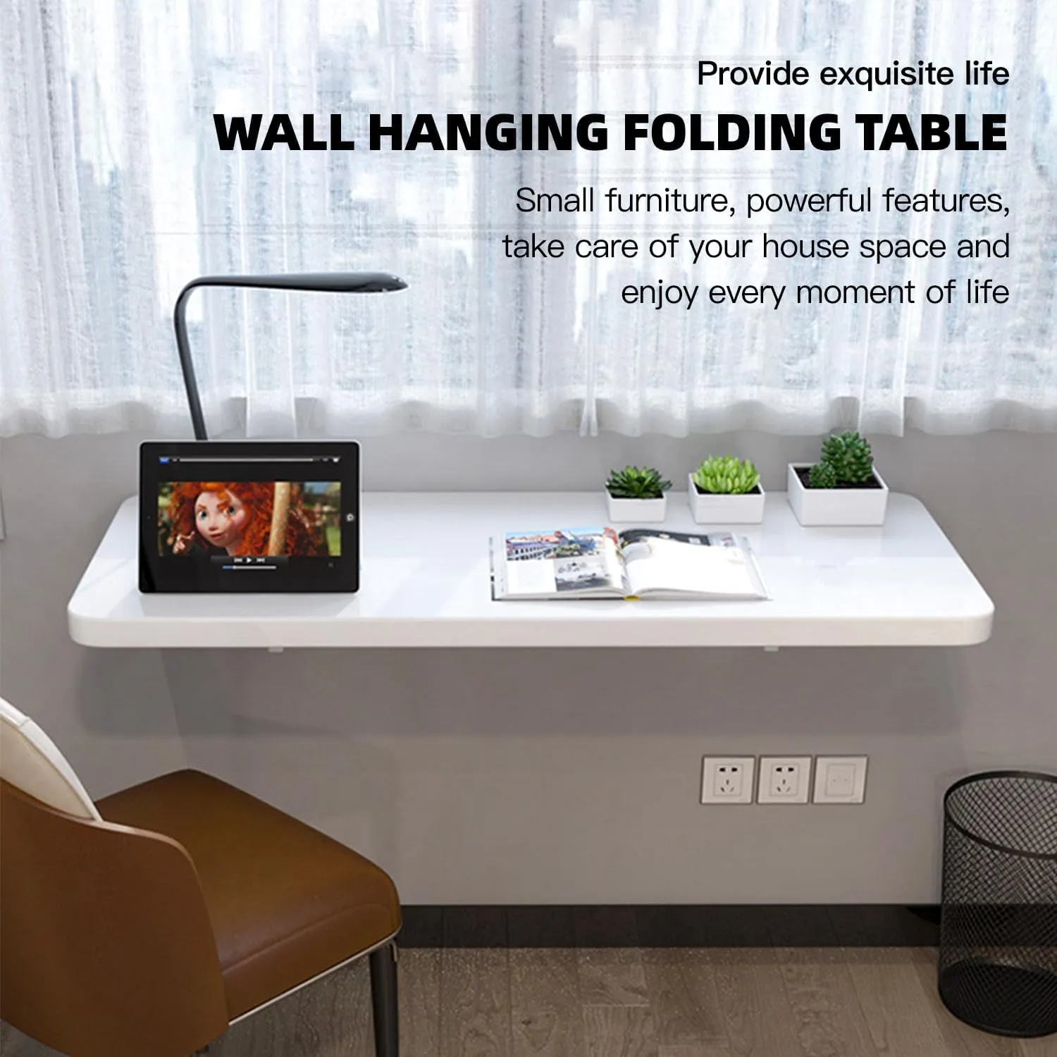 Folding Wall Table - Drop Down Wall Mounted Table - Suitable for Office, Study, Bedroom, Kitchen, Dining Room, Laundry and Other Places - White - 23.6"D x 11.8"W