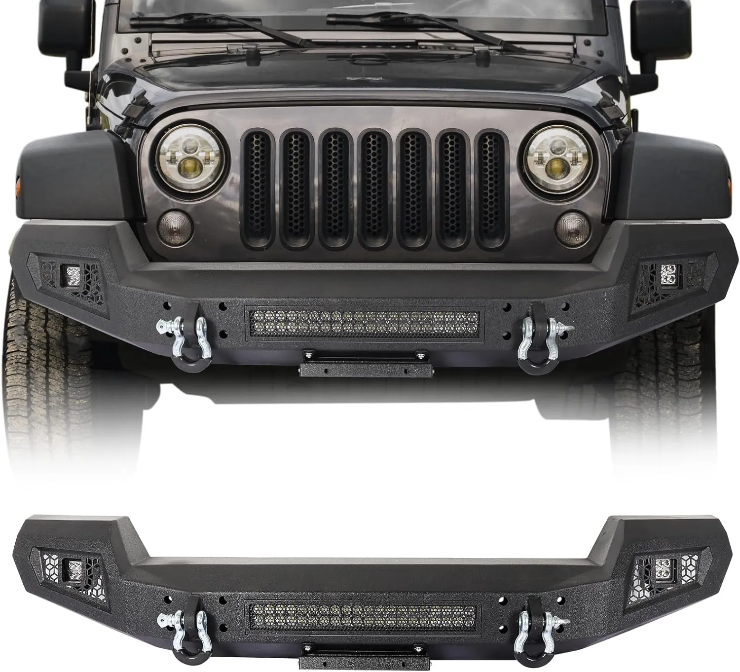 Front Bumper Compatible for 2007 2008 2009 2010 2011 2012 2013 2014 2015 2016 2017 2018 Jeep Wrangler JK & Unlimited, Rock Crawler Bumper w/Winch Plate & LED Lights & 2 x D-Rings