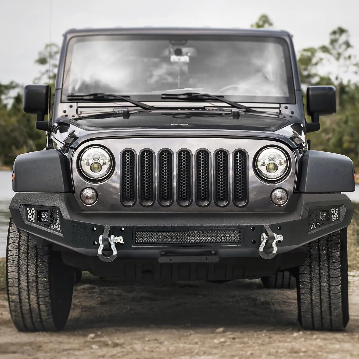 Front Bumper Compatible for 2007 2008 2009 2010 2011 2012 2013 2014 2015 2016 2017 2018 Jeep Wrangler JK & Unlimited, Rock Crawler Bumper w/Winch Plate & LED Lights & 2 x D-Rings