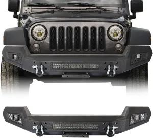 Front Bumper Compatible for 2007 2008 2009 2010 2011 2012 2013 2014 2015 2016 2017 2018 Jeep Wrangler JK & Unlimited, Rock Crawler Bumper w/Winch Plate & LED Lights & 2 x D-Rings