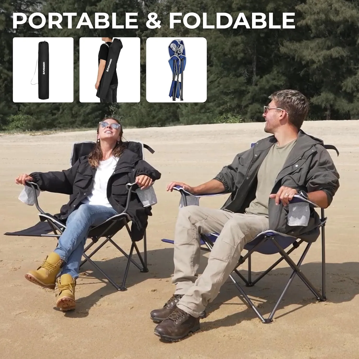 FUNDANGO Folding Camping Chair with Table, Portable Heavy Duty Outdoor Padded Chairs for Adults with Cup Holders for Lawn Beach Picnic Outside Travel (Black)