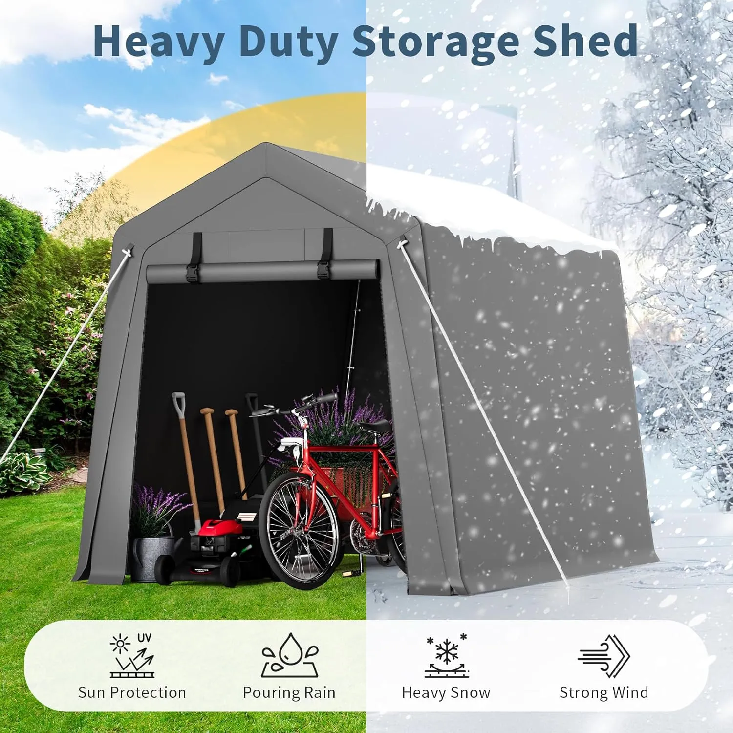 Garvee 6'x8' Outdoor Portable Storage Shed, Waterproof & UV-Resistant Garage Shelter with 2 Roll-Up Zipper Doors, Anti-Snow Carport Tent for Motorcycle, Bike, and Outdoor Equipment, Gray