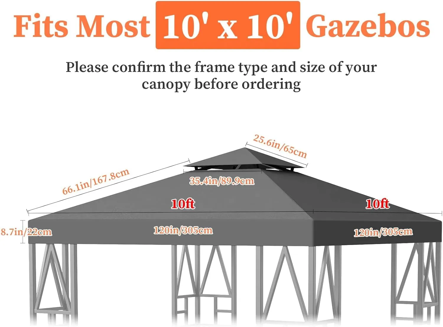 Gazebo Canopy Replacement 10x10ft Outdoor Shelter for Smaller Top Double Tiered Canopy Cover (Darkgrey)