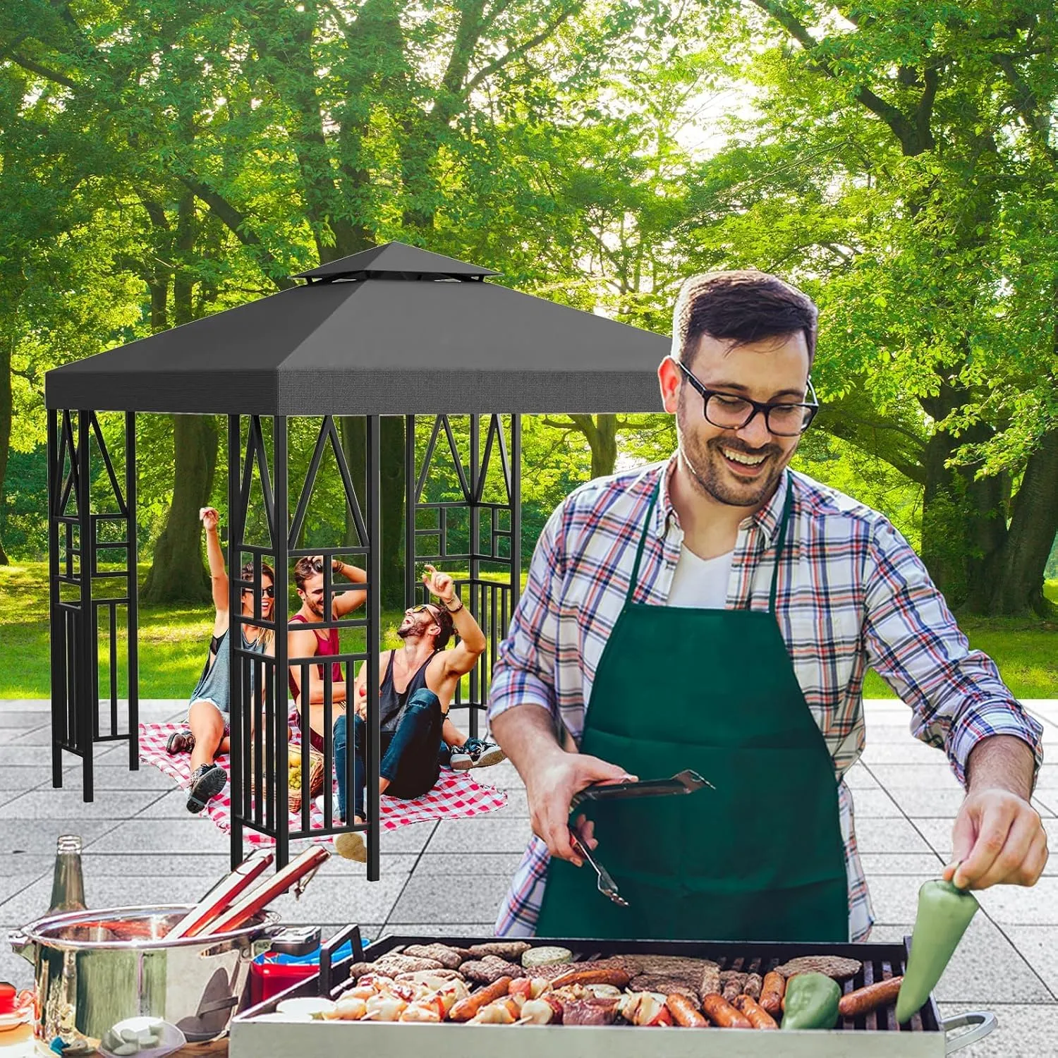 Gazebo Canopy Replacement 10x10ft Outdoor Shelter for Smaller Top Double Tiered Canopy Cover (Darkgrey)