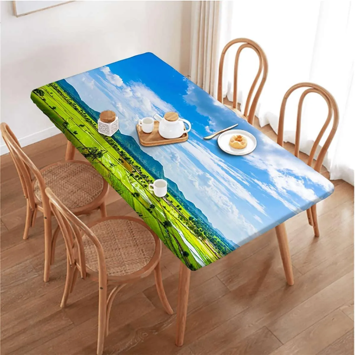 Green Blue Rectangle Tablecloth, Spring Alpine Meadow Rectangle Table Cover for Outdoor Picnic Camping Parties Agriculture Landscape Fits up 5 Foot Tables