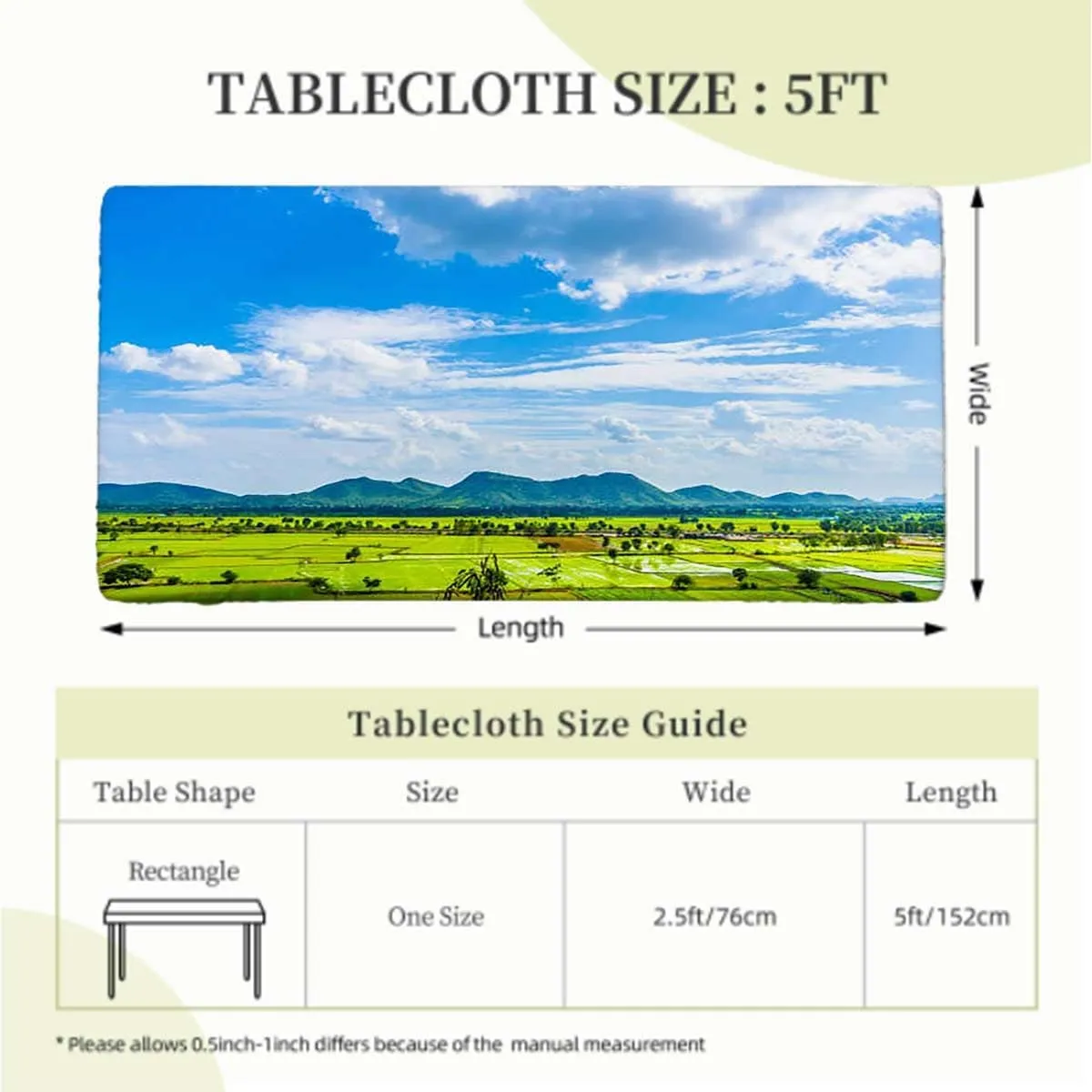 Green Blue Rectangle Tablecloth, Spring Alpine Meadow Rectangle Table Cover for Outdoor Picnic Camping Parties Agriculture Landscape Fits up 5 Foot Tables